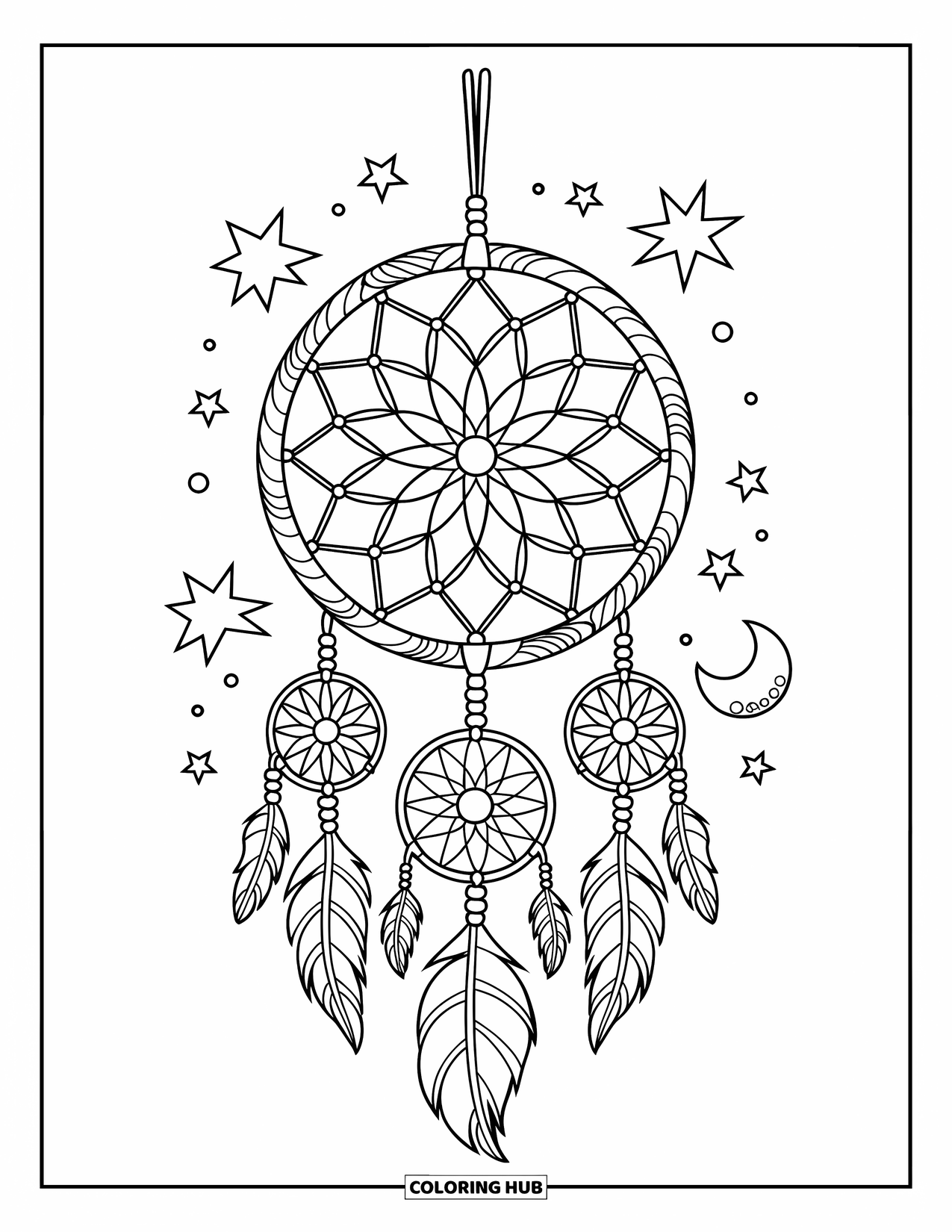 Dreamcatcher Coloring Page for Kids: A floral-web dreamcatcher with moon and stars dangles from a stick