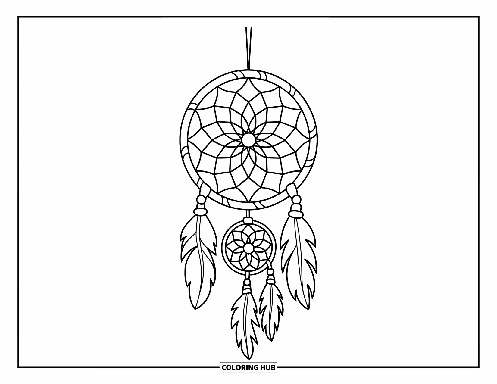 Dreamcatcher Coloring Page for Kids: A flower-web dreamcatcher with short tassels hangs from a branch in a sweet design