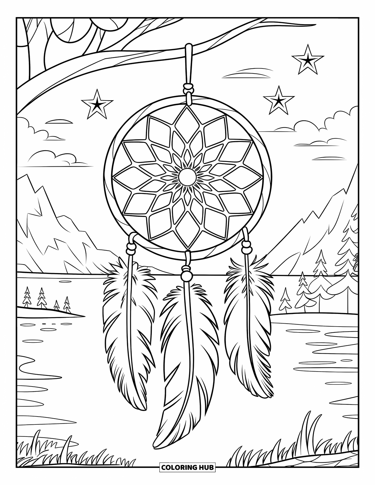 Dreamcatcher Coloring Page for Kids: A large dreamcatcher with a simple web and thick feathers hangs under a starry sky