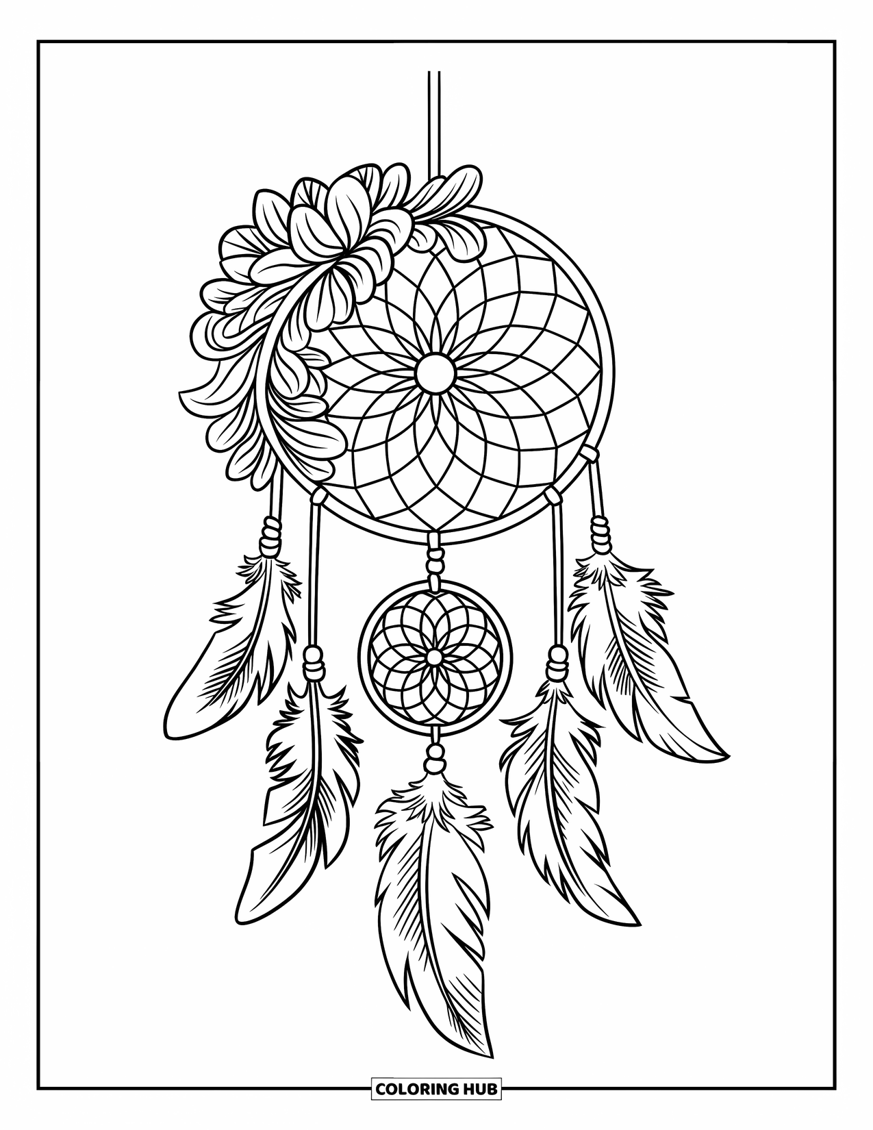 Dreamcatcher Coloring Page for Kids: A leaf-feather dreamcatcher with spiral beads hangs from a tree branch