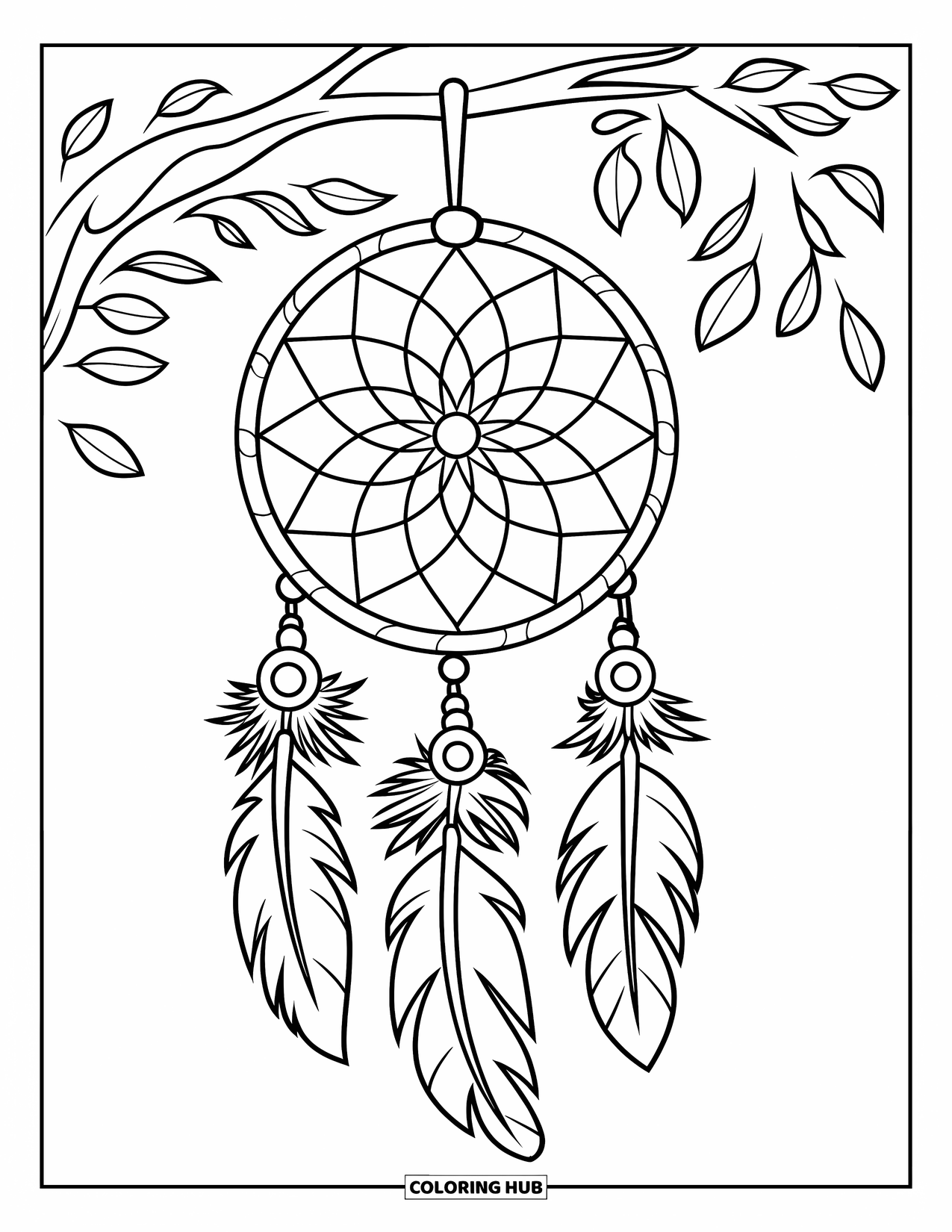 Dreamcatcher Coloring Page for Kids: A leafy branch holds a traditional dreamcatcher with curved lines and three feathers
