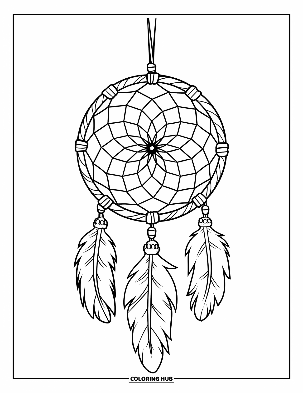 Dreamcatcher Coloring Page for Kids: A round dreamcatcher with a tight web and decorative knots hangs from a dowel