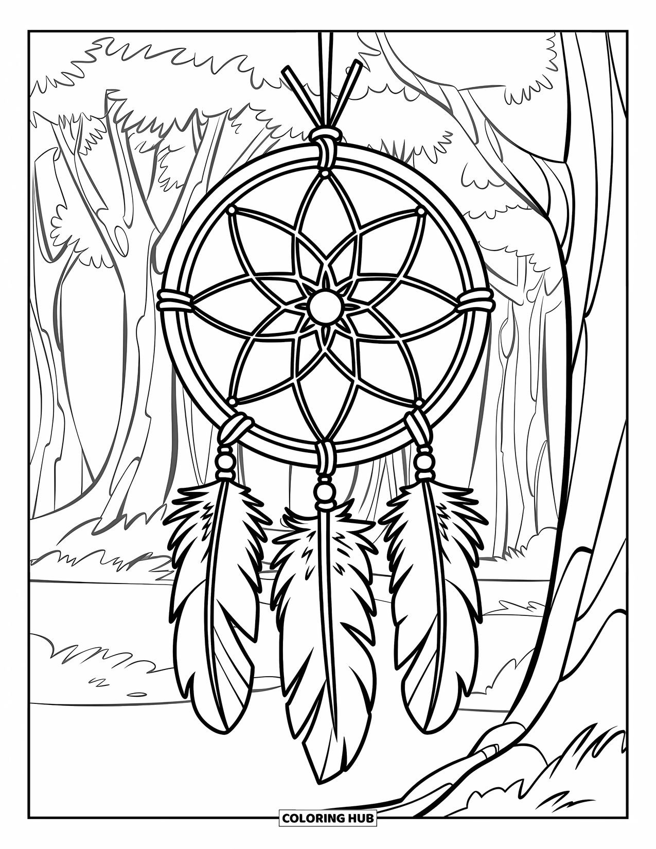 Dreamcatcher Coloring Page for Kids: A round dreamcatcher with thick feathers and a simple web hangs in a peaceful forest