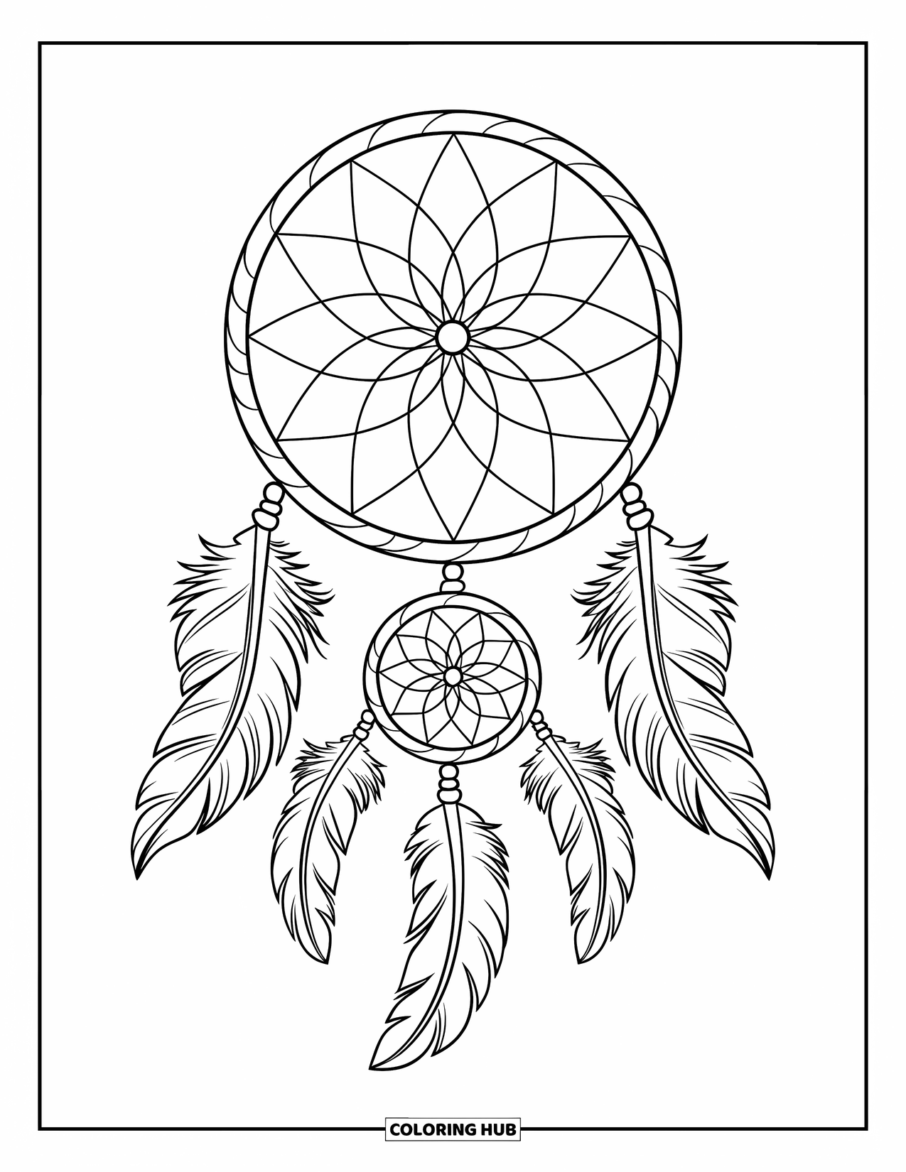 Dreamcatcher Coloring Page for Kids: A rounded dreamcatcher with web lines and three feathers dangles in a calm scene
