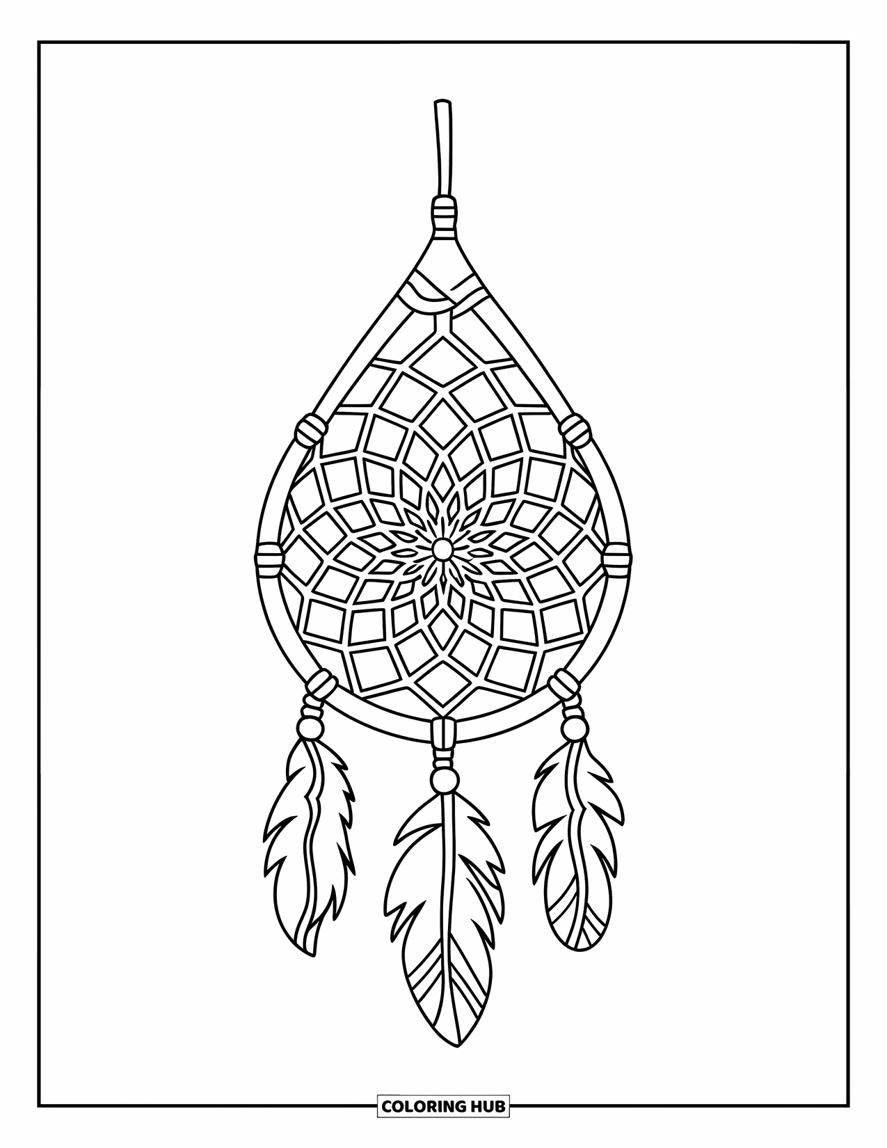 Dreamcatcher Coloring Page for Kids: A simple teardrop dreamcatcher with bead ends hangs neatly in the air