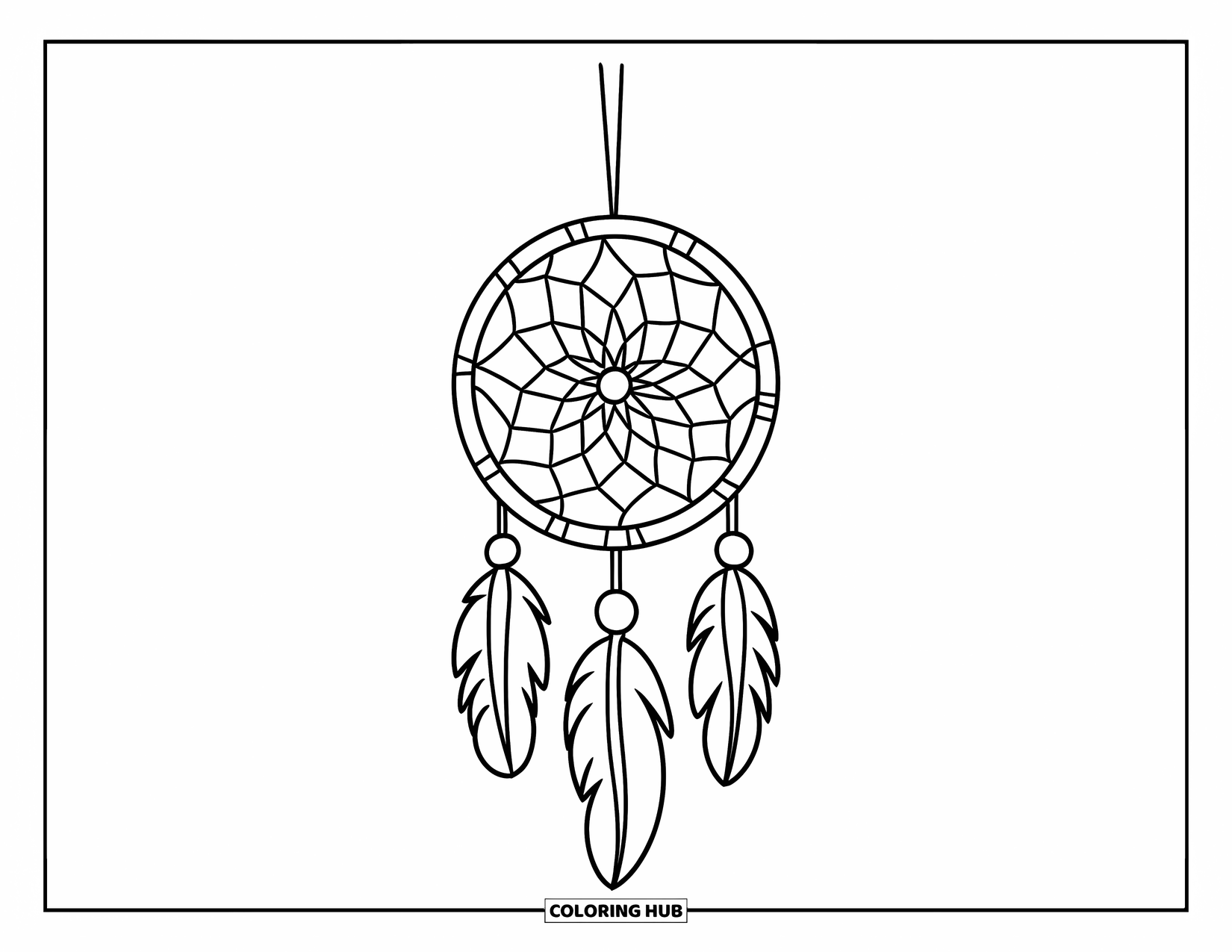 Dreamcatcher Coloring Page for Kids: A spiral dreamcatcher with oval beads dangles gently from a leafy branch