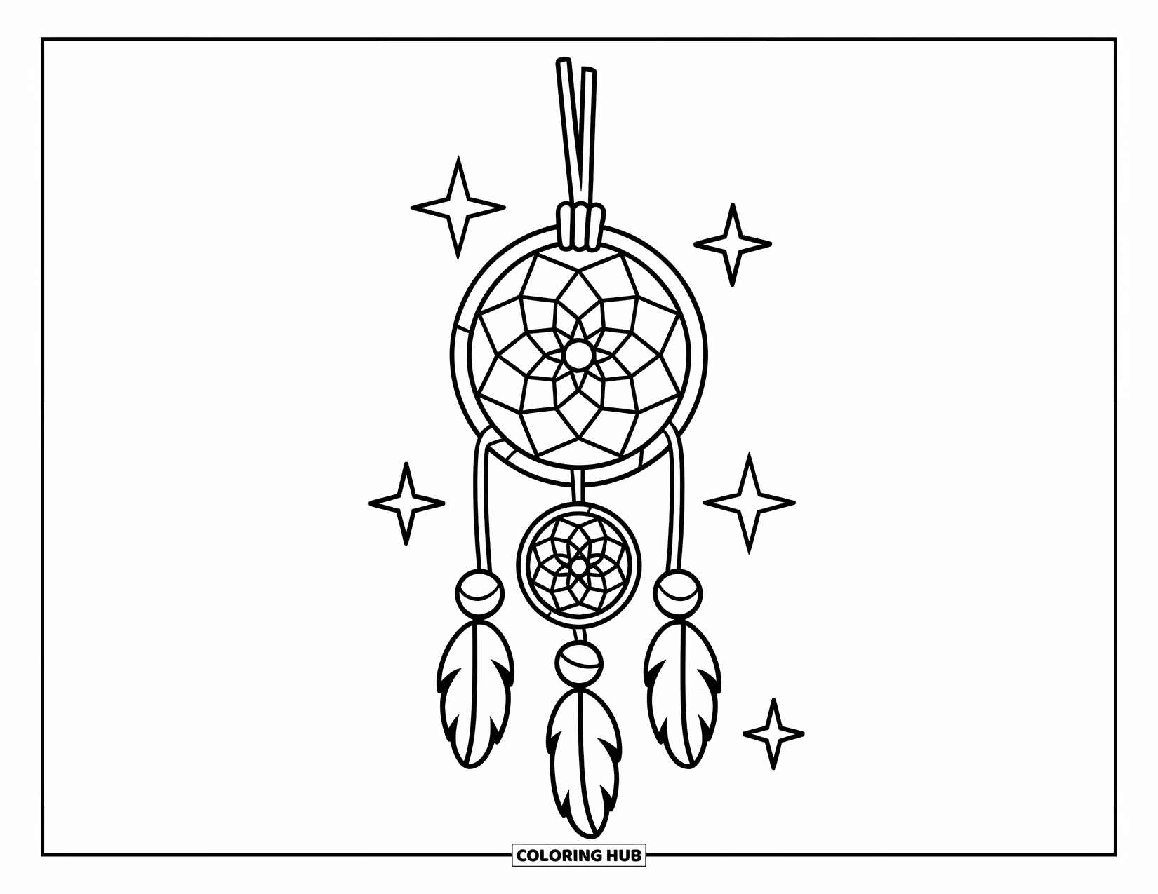 Dreamcatcher Coloring Page for Kids: A spiral-web dreamcatcher with large oval beads and stars hangs from a wooden stick