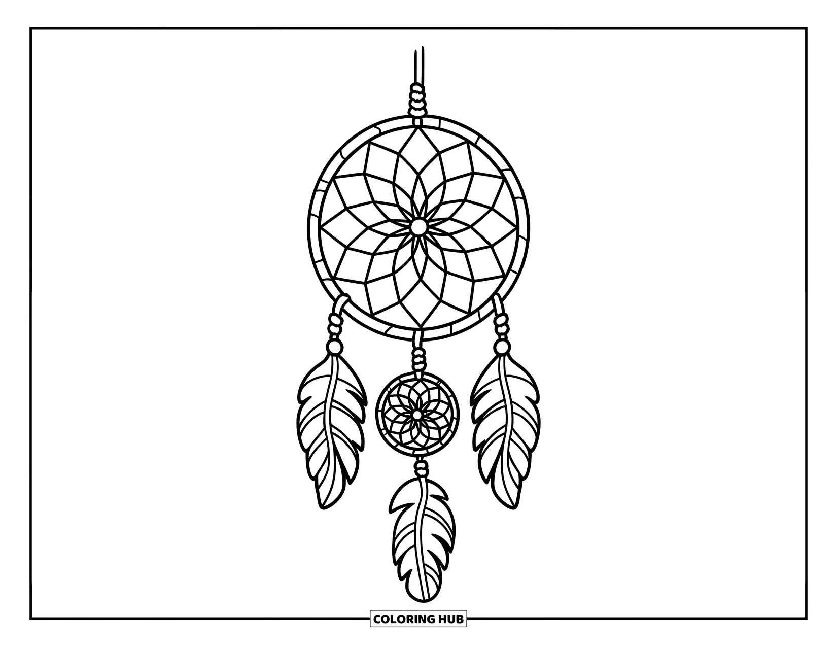 Dreamcatcher Coloring Page for Kids: A spiral-web dreamcatcher with leaf beads hangs neatly from knotted cords