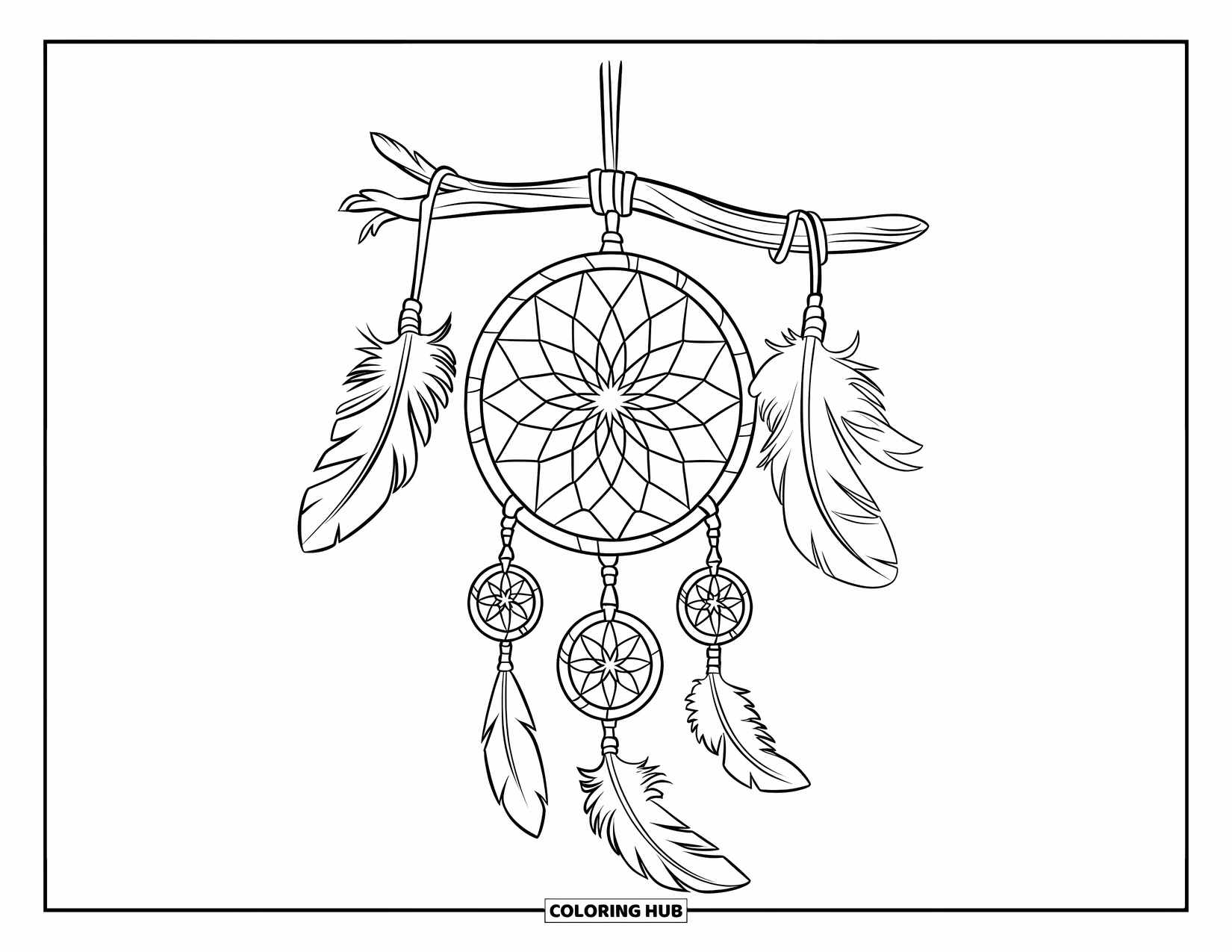Dreamcatcher Coloring Page for Kids: A sunburst-web dreamcatcher with teardrop tassels hangs from a wooden stick