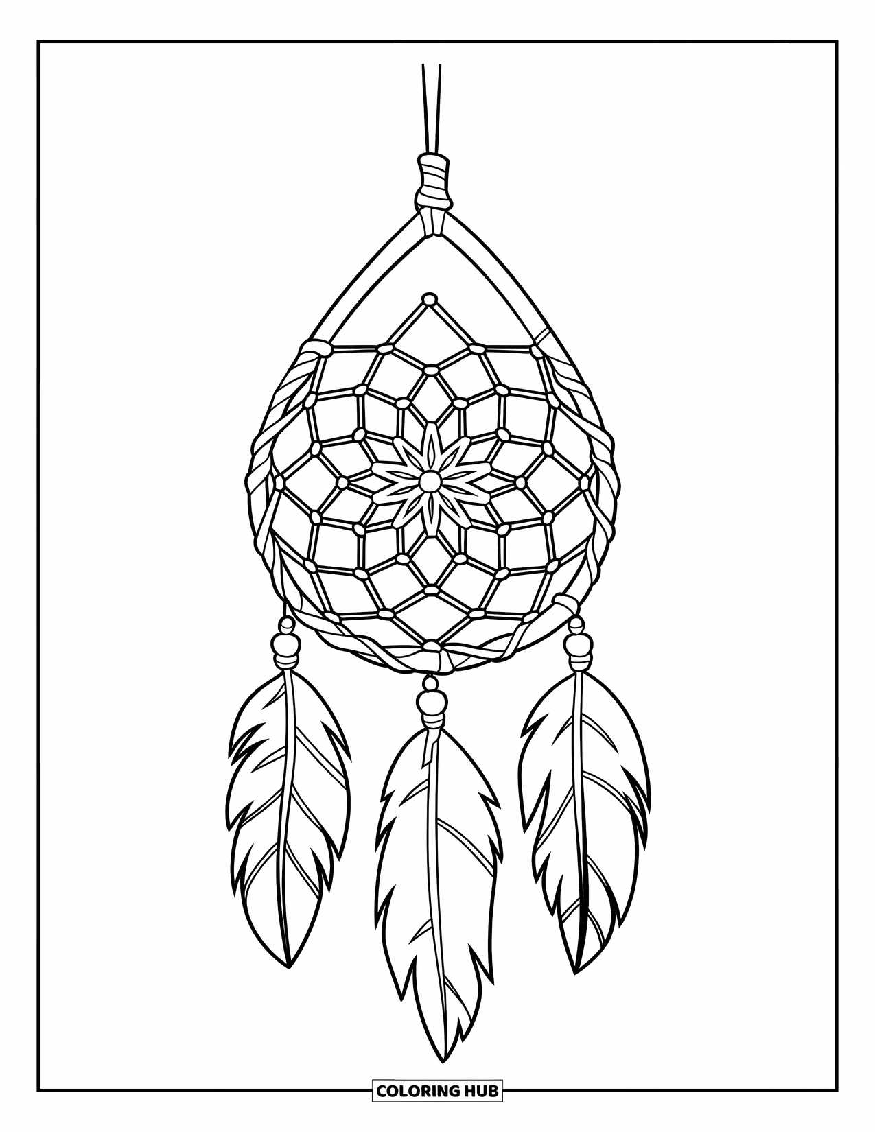 Dreamcatcher Coloring Page for Kids: A teardrop dreamcatcher with bead ends is tied to a wooden pole