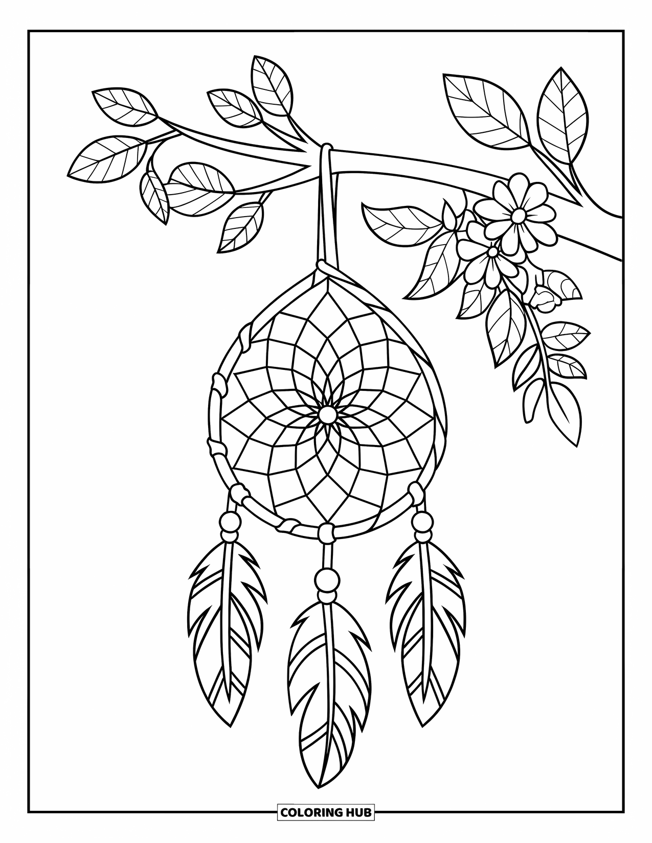 Dreamcatcher Coloring Page for Kids: A teardrop-shaped dreamcatcher hangs from a leafy branch with flowers