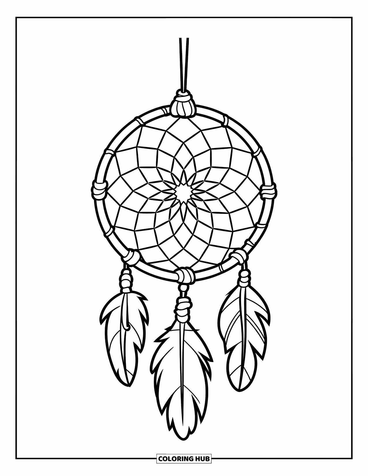 Dreamcatcher Coloring Page for Kids: A tightly woven dreamcatcher with knot details hangs from a wooden stick