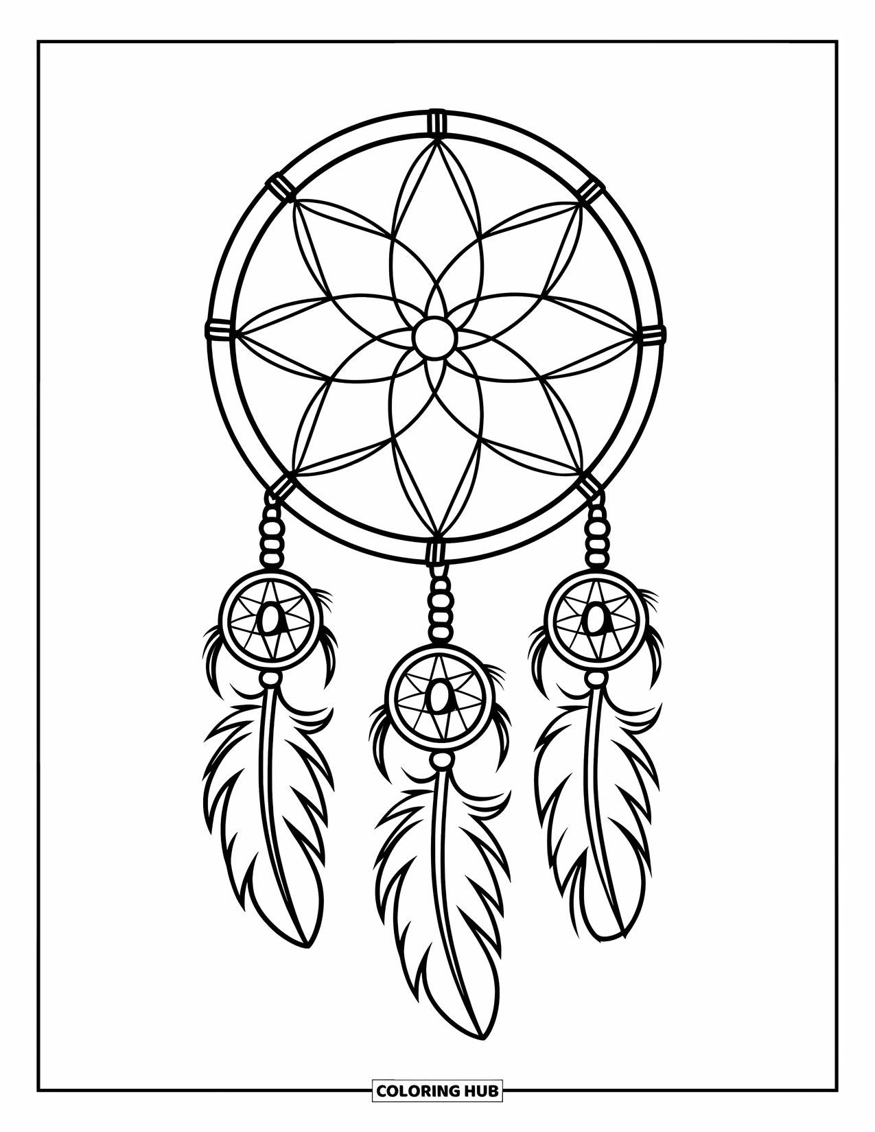 Dreamcatcher Coloring Page for Kids: A traditional round dreamcatcher with three feathers and curved lines hangs in the air