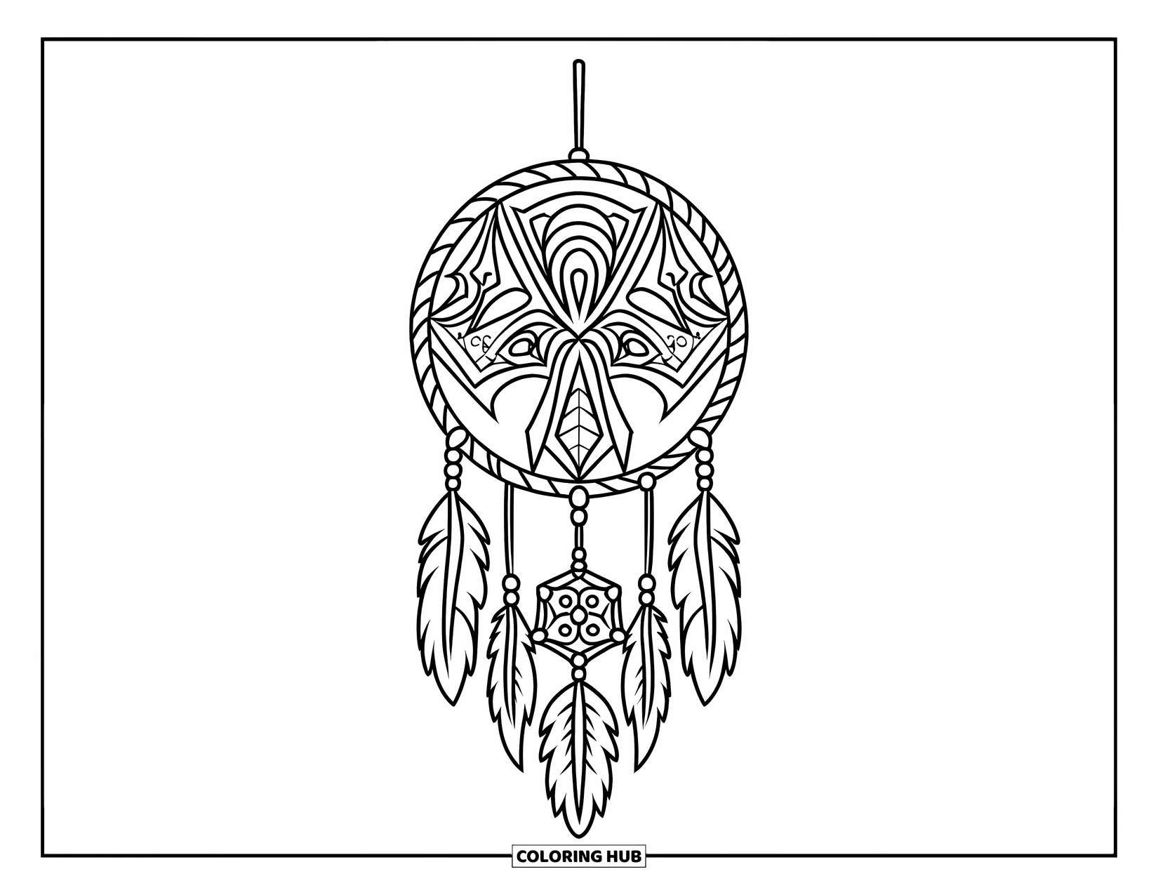 Dreamcatcher Coloring Page for Kids: An intricately patterned dreamcatcher with animals and shapes hangs from a natural branch