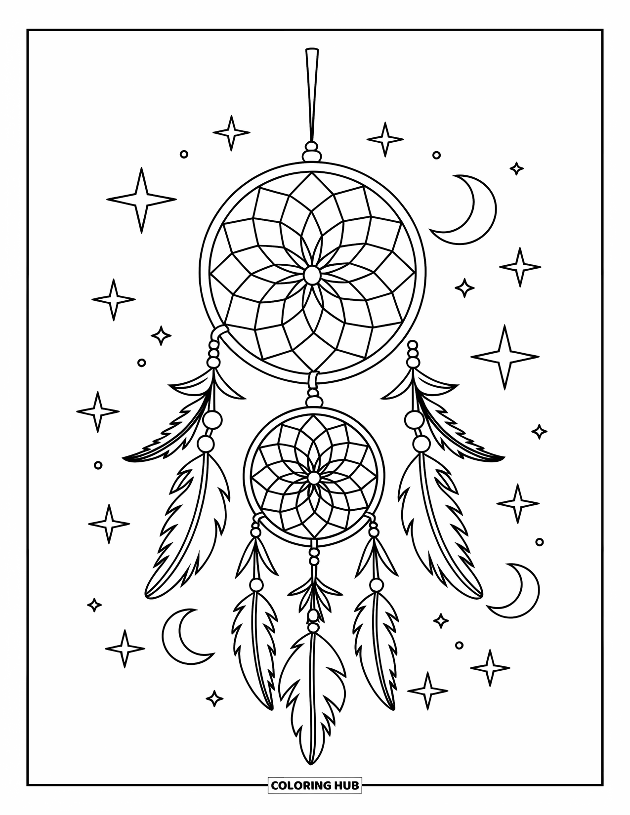 Dreamcatcher Coloring Page for Kids: Stacked dreamcatcher hoops with moons and stars dangle from a wooden stick
