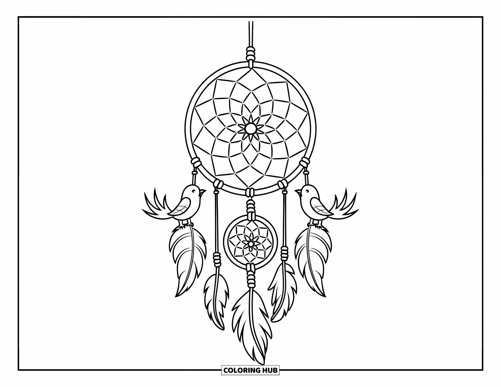 Dreamcatcher Coloring Page for Kids: Two birds perch on a spiral-web dreamcatcher with leaf beads and dangling threads