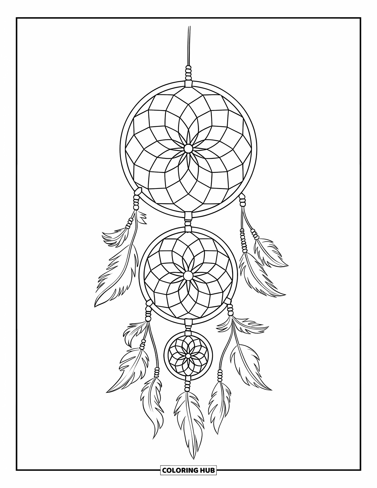 Dreamcatcher Coloring Page for Kids: Two stacked dreamcatcher hoops with different webs hang from a wooden pole