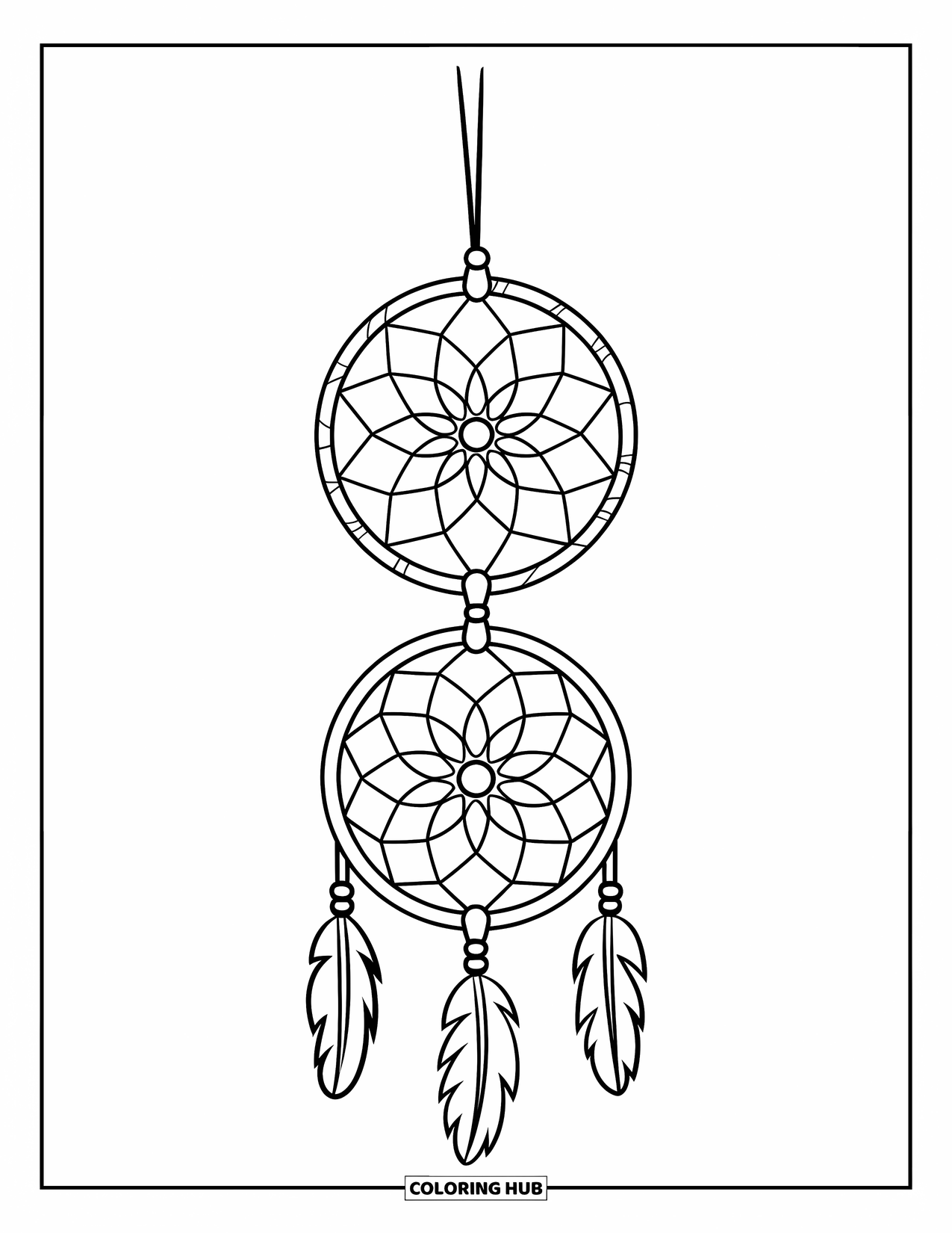 Dreamcatcher Coloring Page for Kids: Two stacked hoops with varied webs and dangles hang gently from a stick