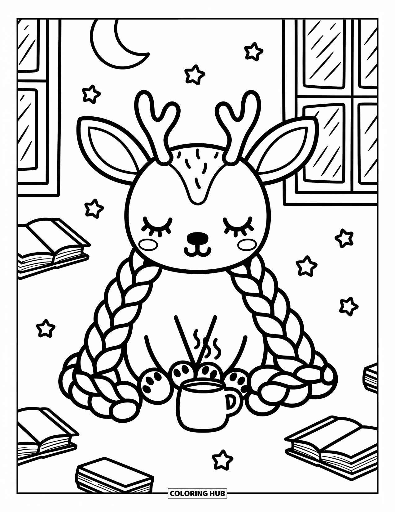 Elk Coloring Page for Adults: Cozy elk wrapped in a patterned blanket enjoys a quiet night with books and stars