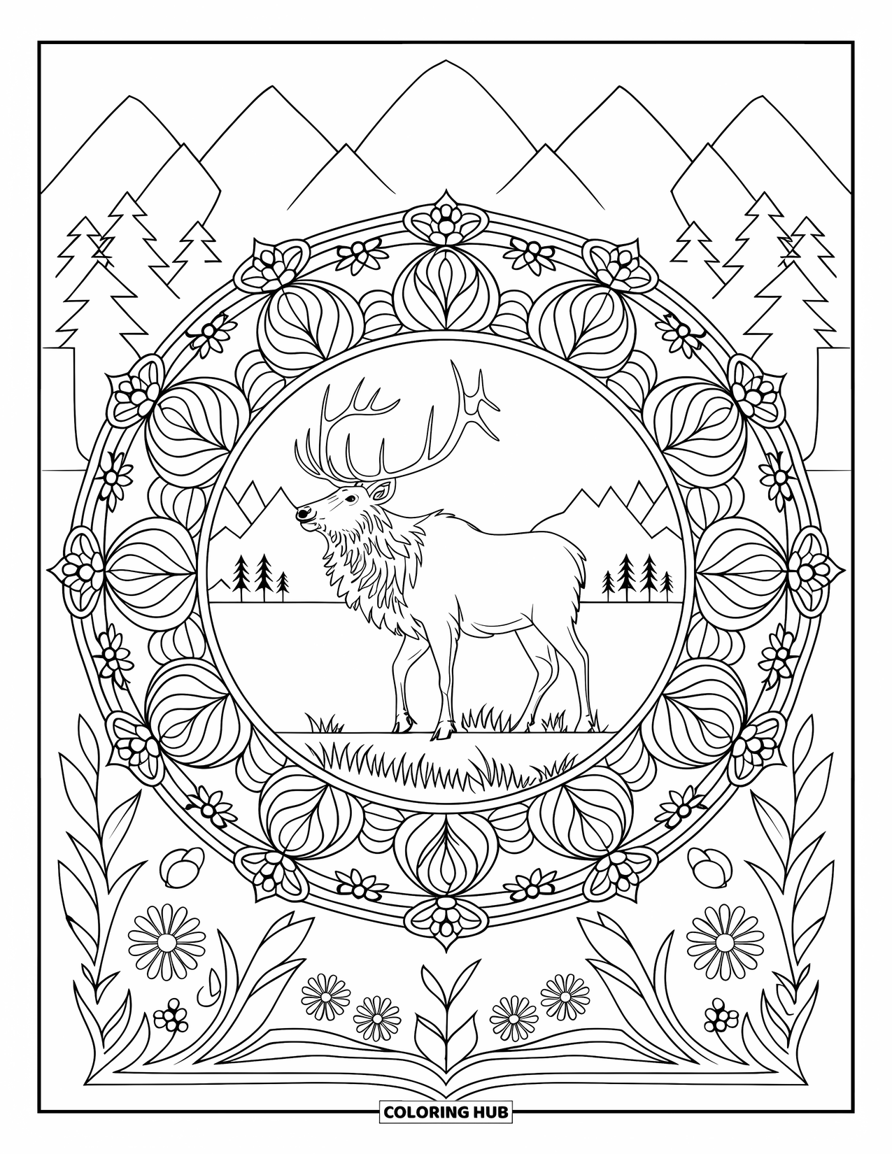 Elk Coloring Page for Adults: Elk in a floral mandala with vines, leaves, and a peaceful forest backdrop