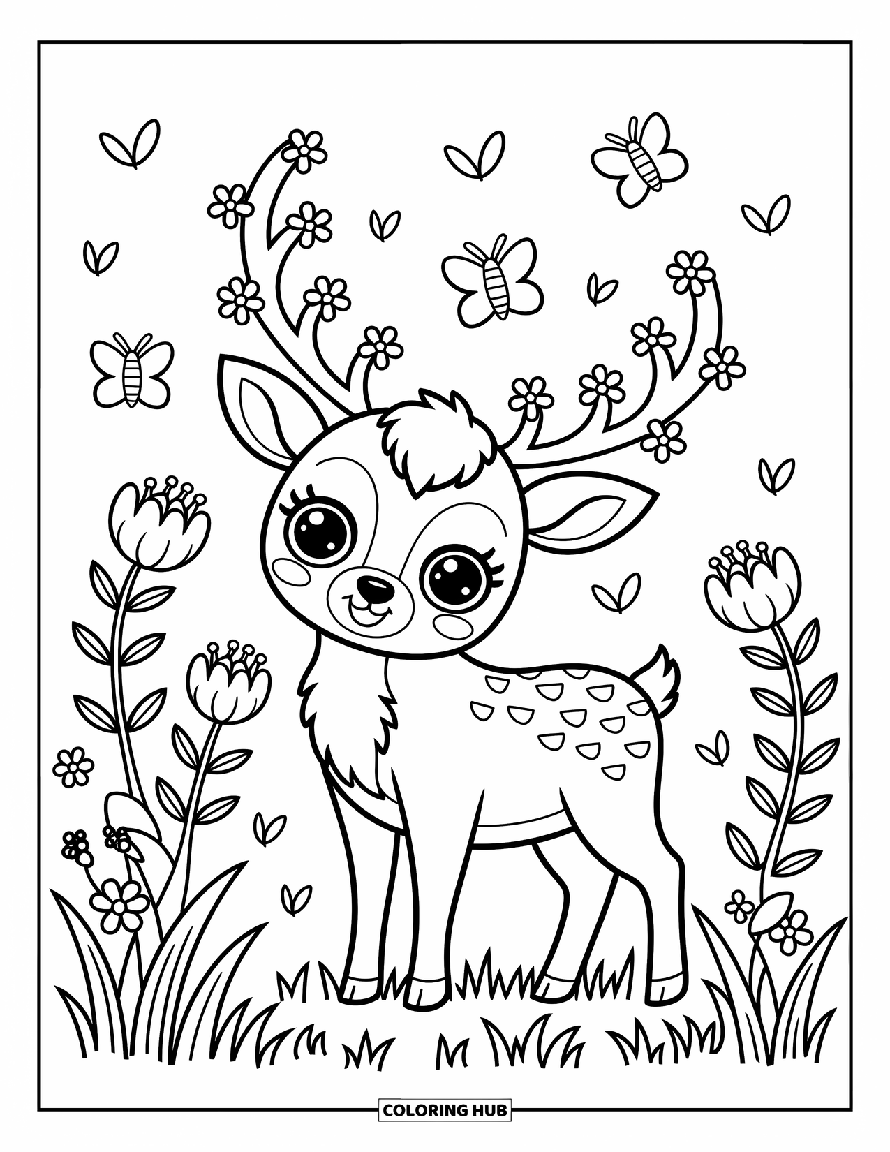 Elk Coloring Page for Adults: Elk in a flower-filled meadow with delicate antlers and floating butterflies