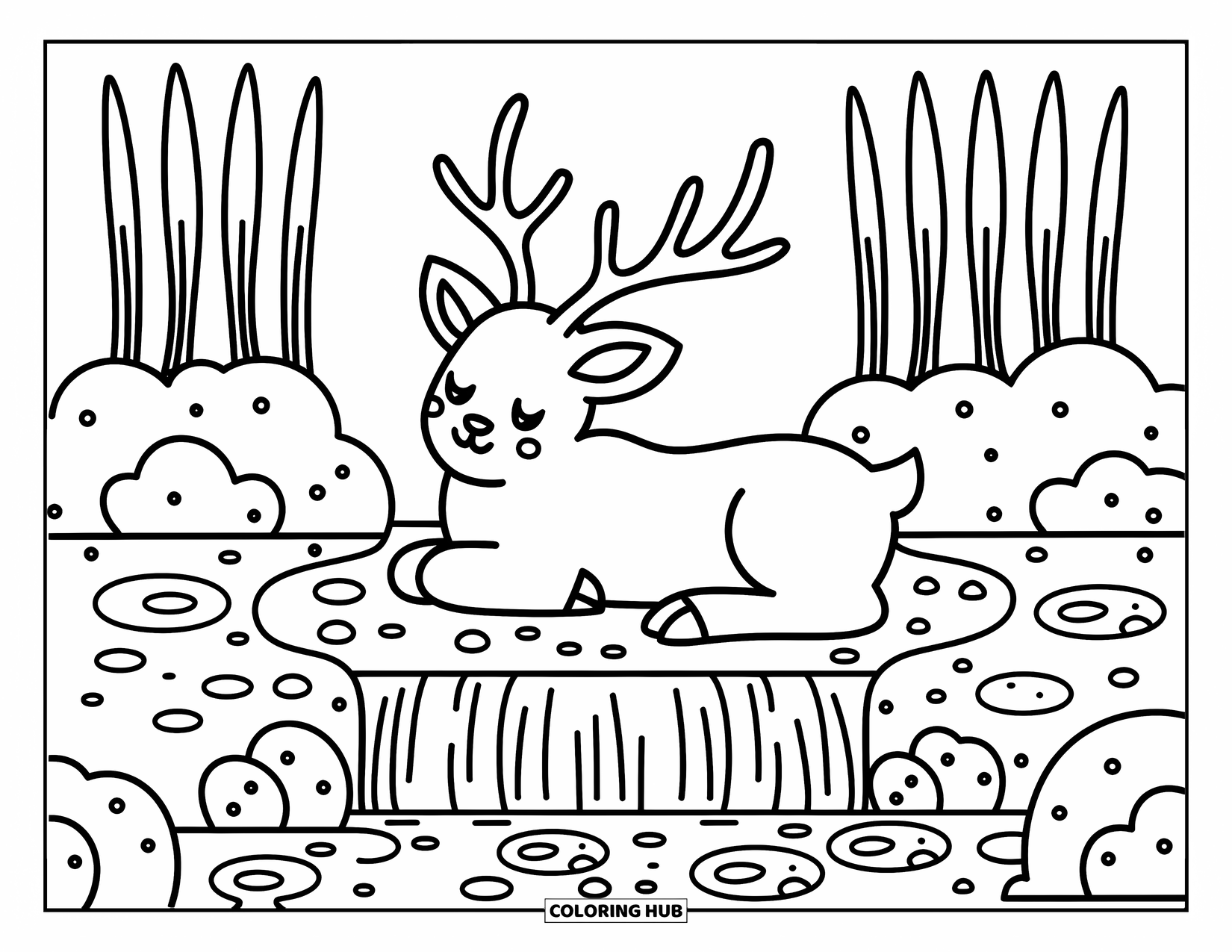 Elk Coloring Page for Adults: Elk lies peacefully by a tiny waterfall framed by lily pads, pebbles, and tall reeds