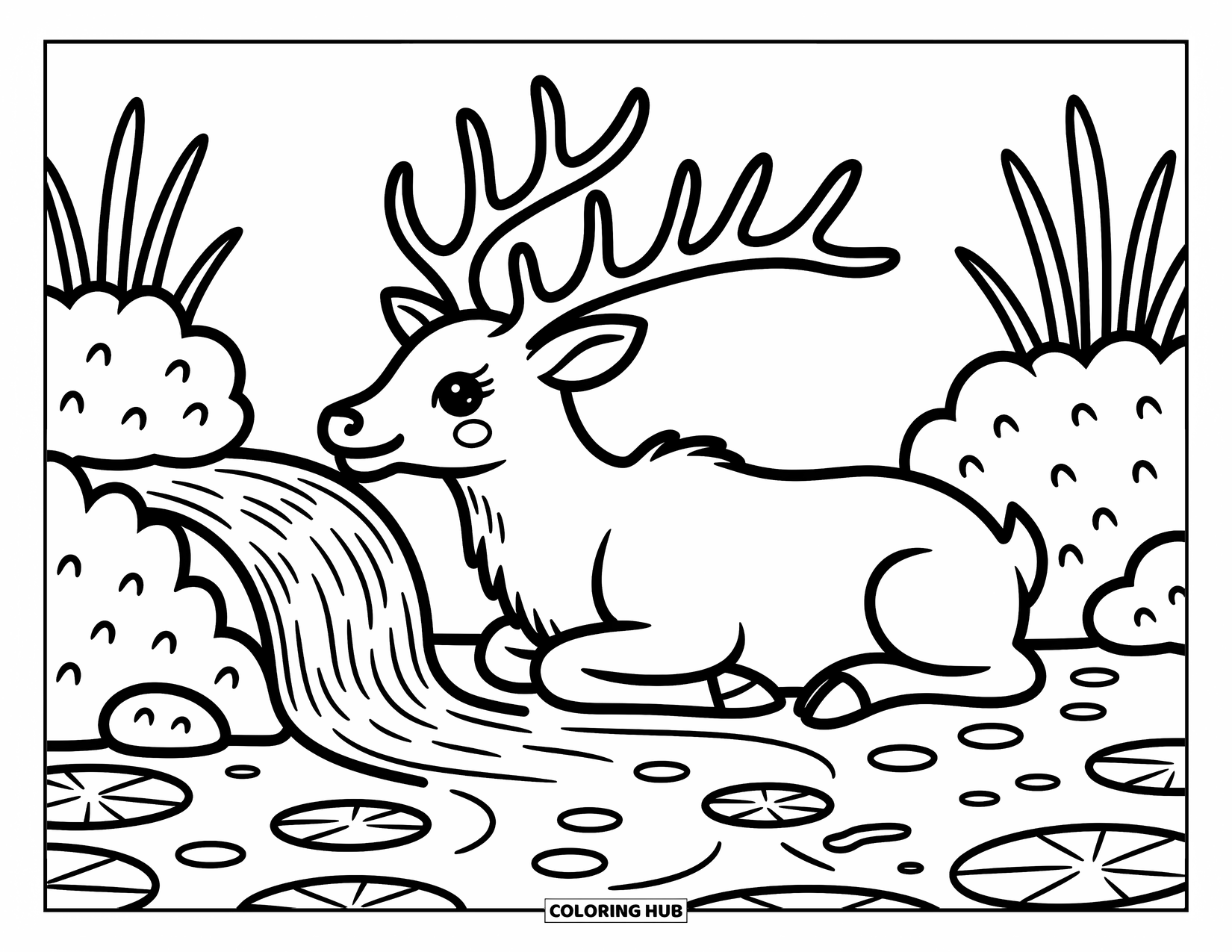 Elk Coloring Page for Adults: Elk rests beside a waterfall with lily pads, pebbles, and curved antlers