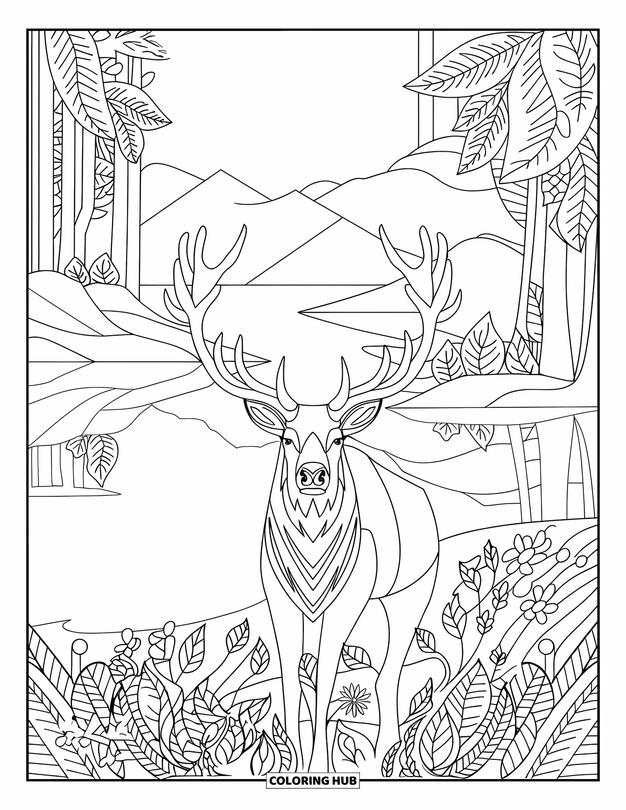 Elk Coloring Page for Adults: Elk stands by a calm lake among trees with intricate leaf and flower details