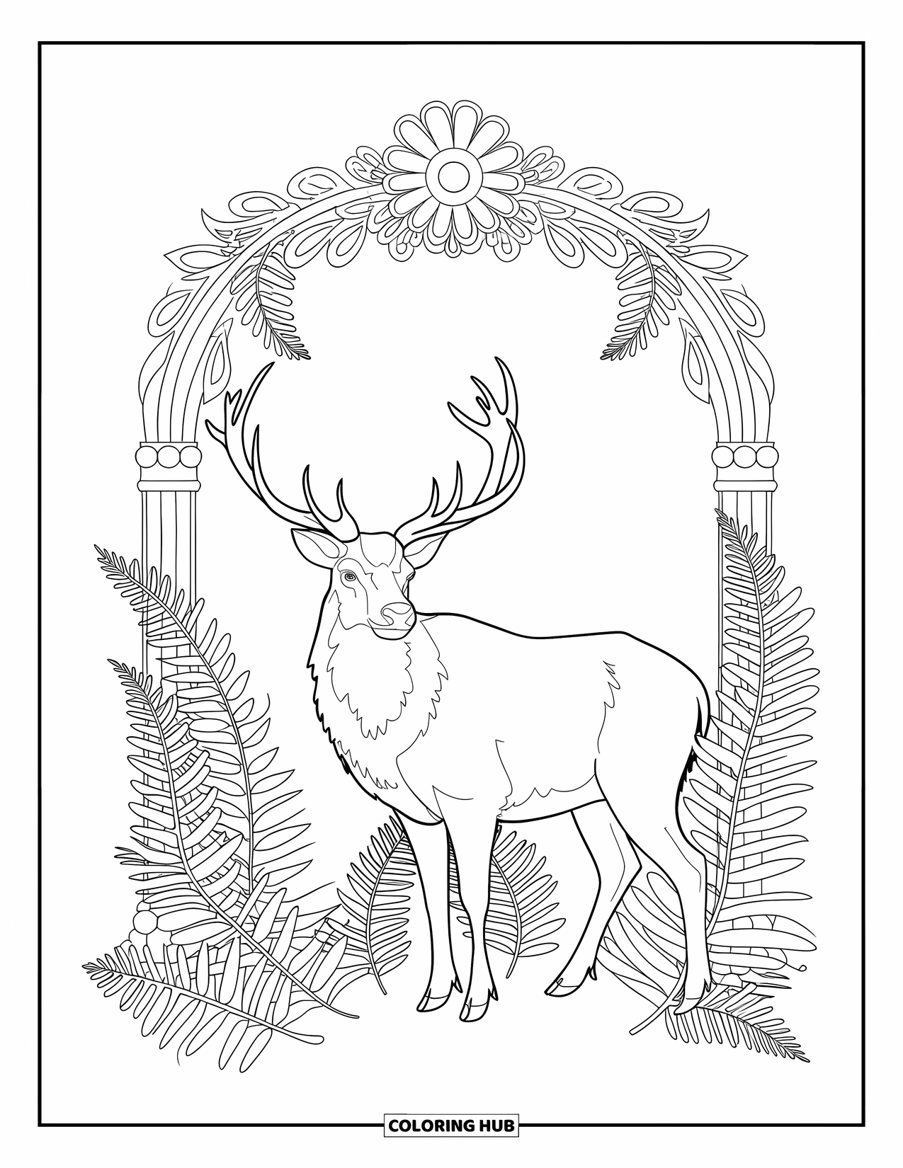 Elk Coloring Page for Adults: Elk stands calmly in ferns beneath a floral arch on a plain background