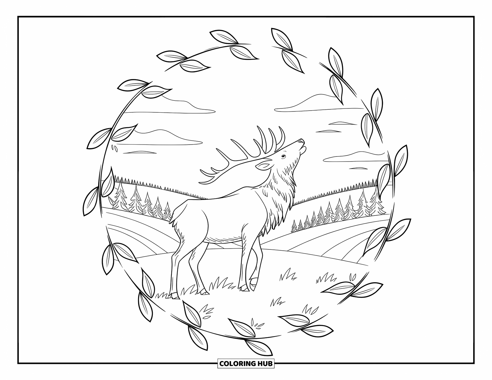 Elk Coloring Page for Adults: Elk tilts its head skyward in a leafy frame with forests and hills behind