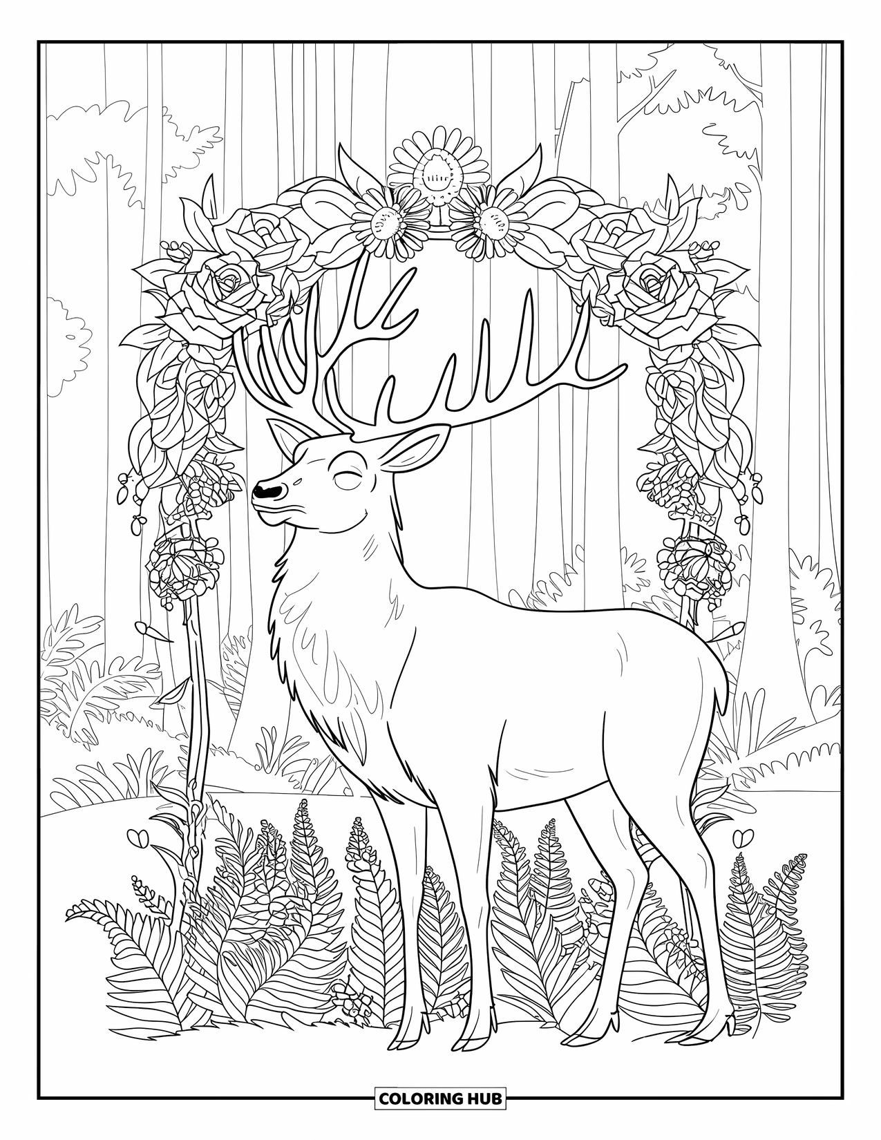 Elk Coloring Page for Adults: Elk with closed eyes stands among ferns under an arch of roses and daisies