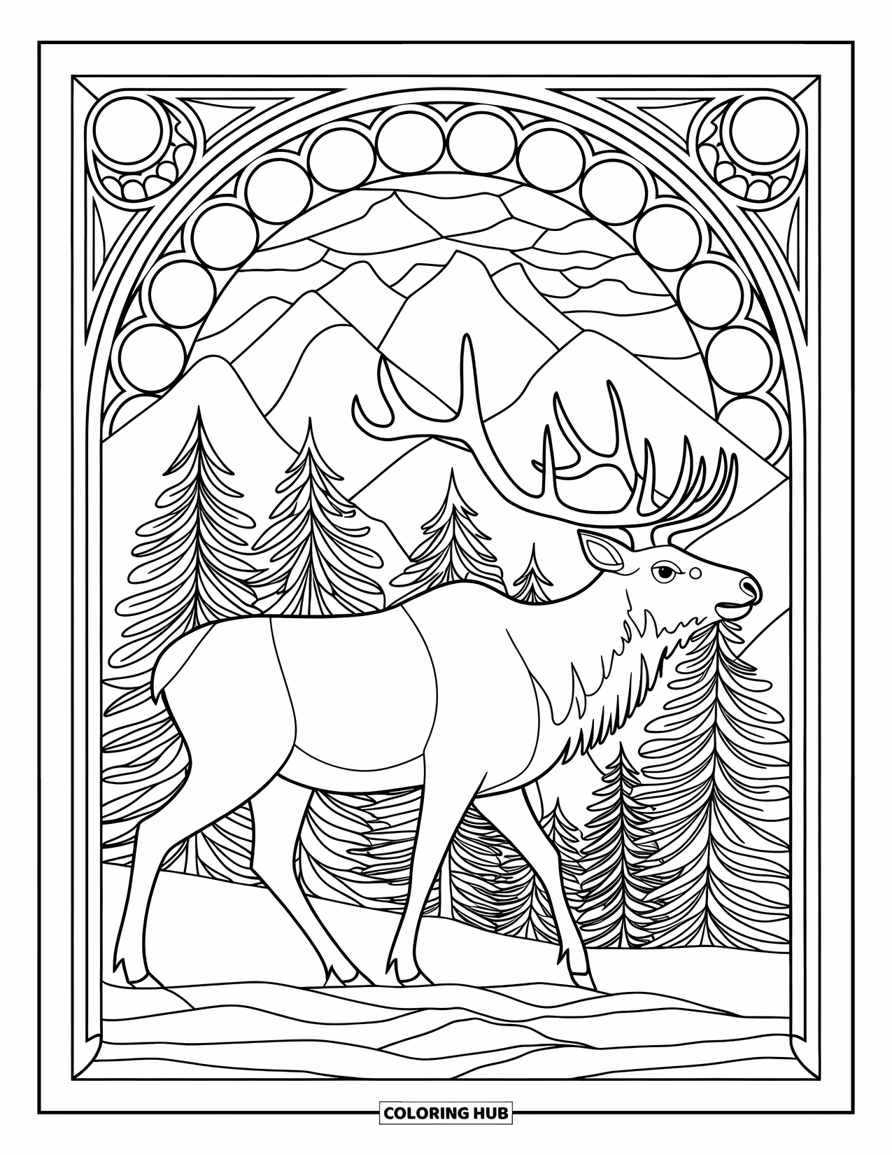 Elk Coloring Page for Adults: Elk with large antlers walks slowly in a stained glass forest design