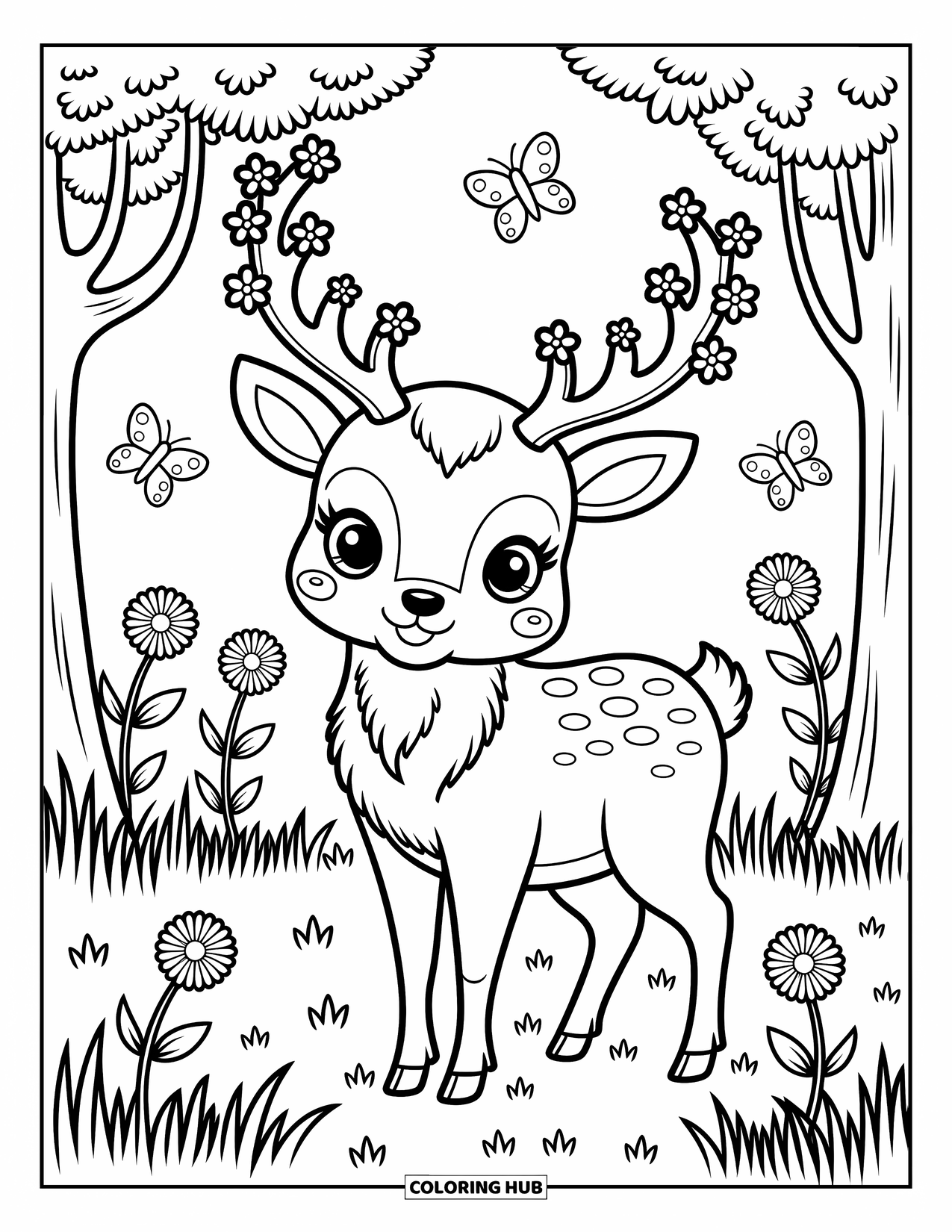 Elk Coloring Page for Adults: Elk with soft eyes stands among tall flowers, fluffy grass, and tiny blossoms