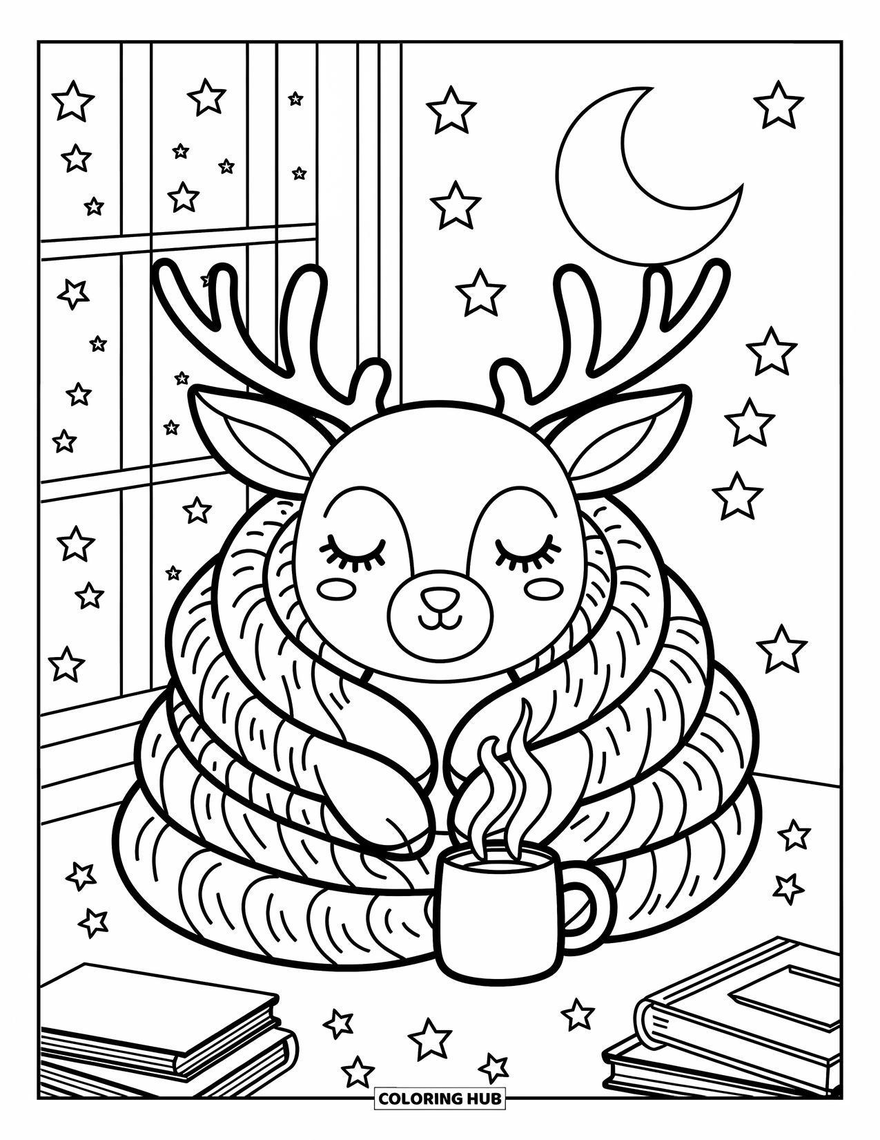Elk Coloring Page for Adults: Elk wrapped in a blanket sits quietly by moonlight with a steaming mug nearby
