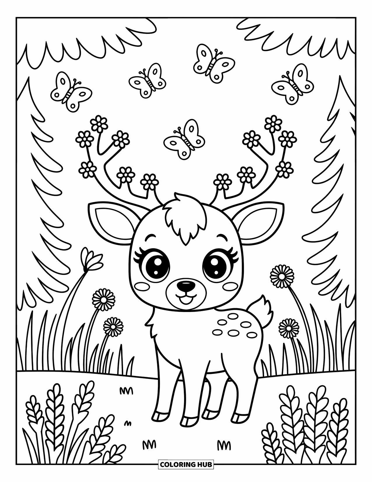 Elk Coloring Page for Adults: Gentle elk stands in a meadow with flower-decorated antlers and fluttering butterflies