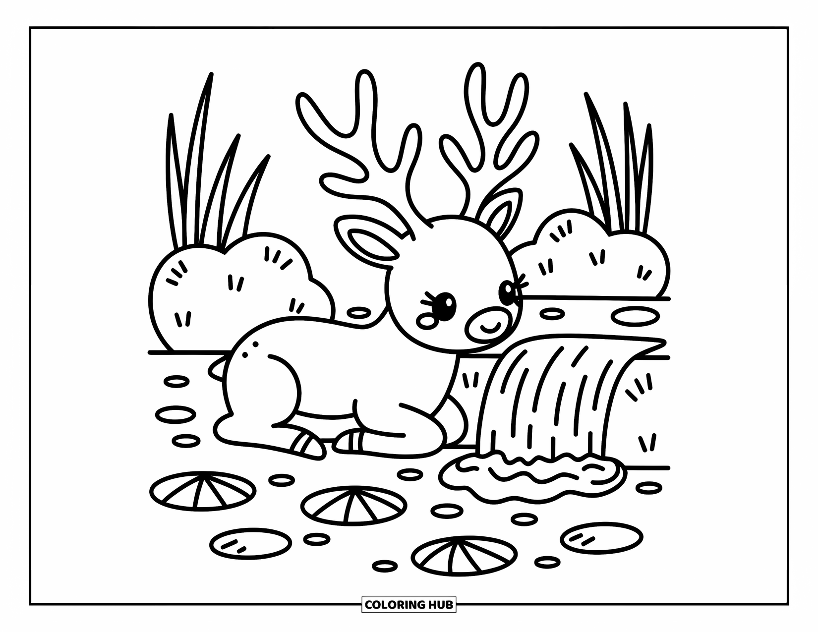 Elk Coloring Page for Adults: Kawaii elk curls beside a waterfall with lily pads and elegant upward antlers