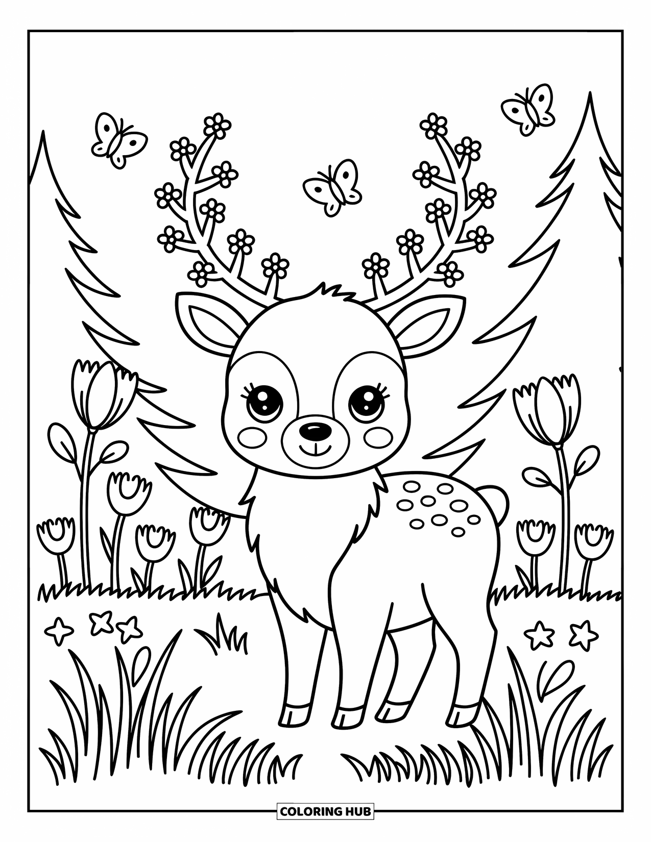 Elk Coloring Page for Adults: Kawaii elk in a peaceful meadow surrounded by grass, blooms, and fluttering butterflies