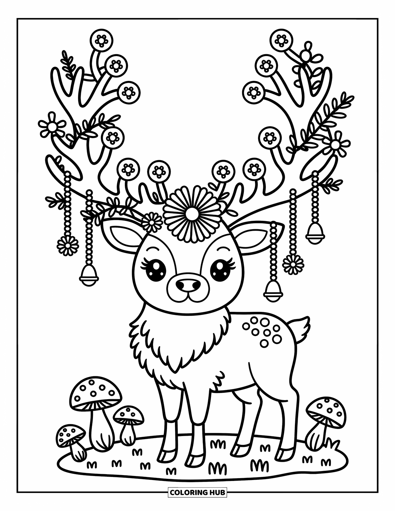 Elk Coloring Page for Adults: Kawaii elk proudly stands on moss with flower-decorated antlers and little trinkets
