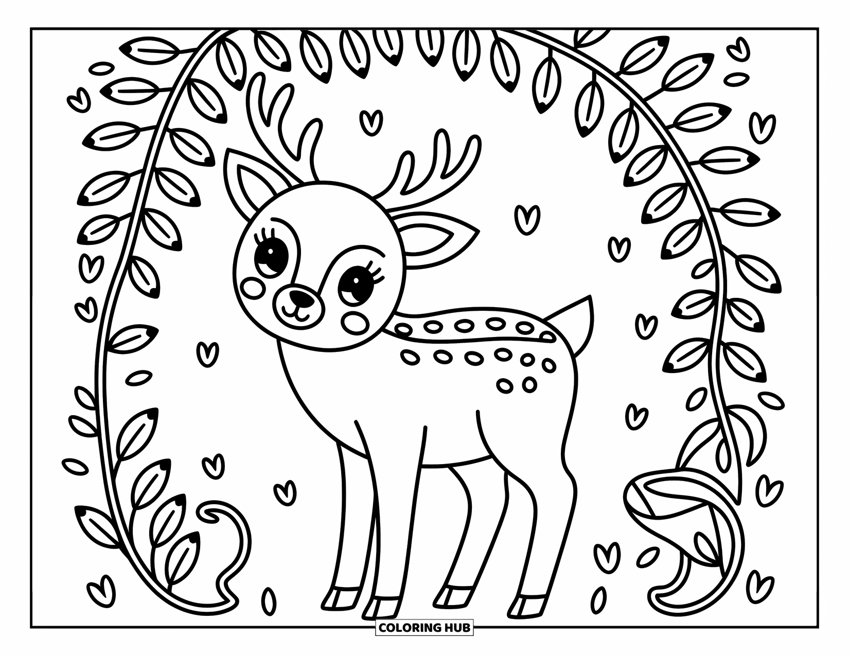 Elk Coloring Page for Adults: Serene elk stands under leaf arches with playful petals and curling vines nearby
