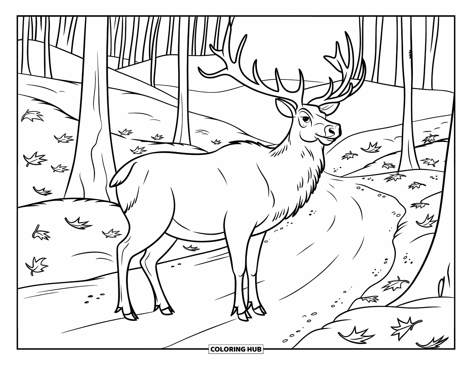 Elk Coloring Page for Kids: Big elk stands on a dirt trail through a forest with distant peaks