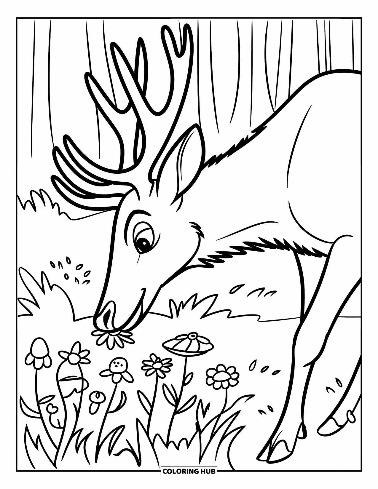 Elk Coloring Page for Kids: Curious elk sniffs wildflowers in a patch of blossoms and tall grass