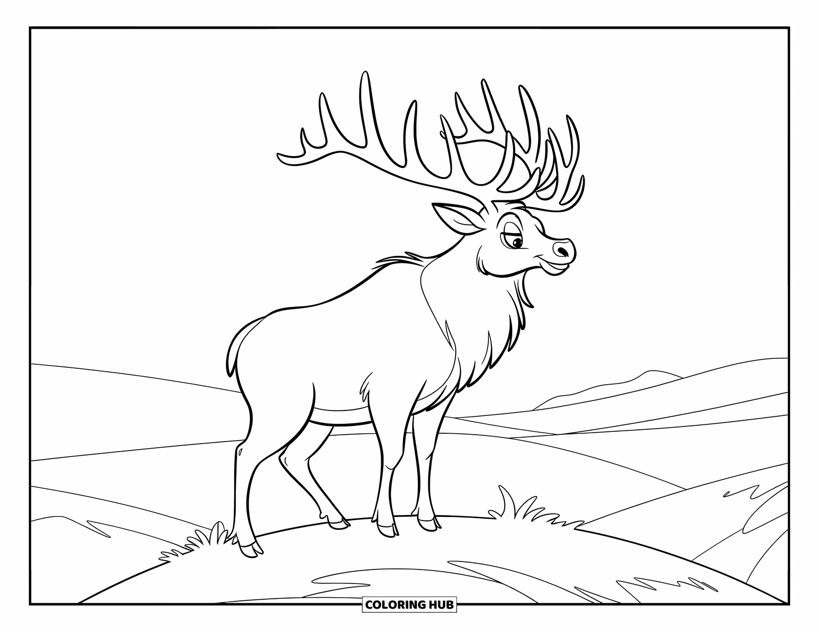 Elk Coloring Page for Kids: Cute elk with large antlers gazes from a small hill