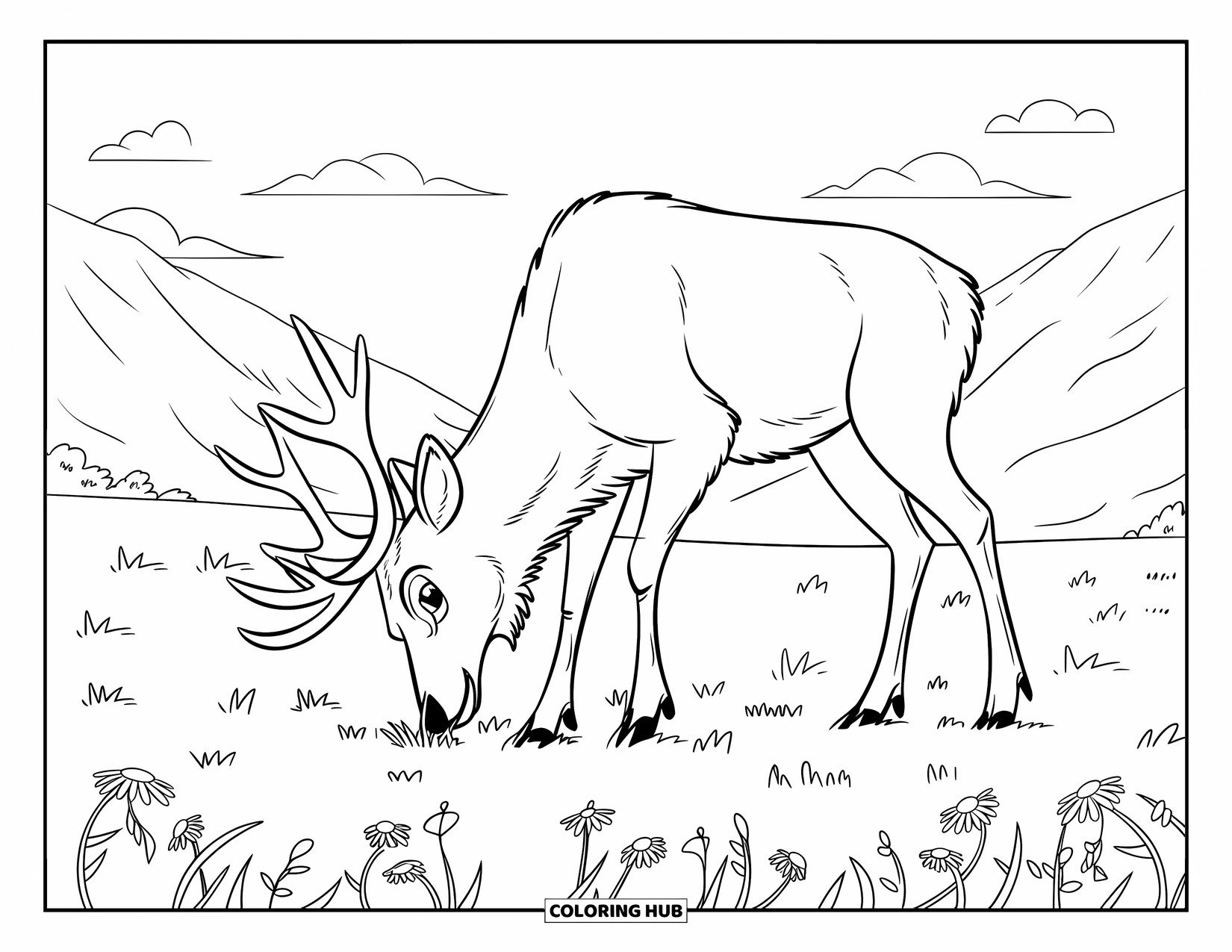Elk Coloring Page for Kids: Elk bends to graze among wildflowers beneath a mountain sky
