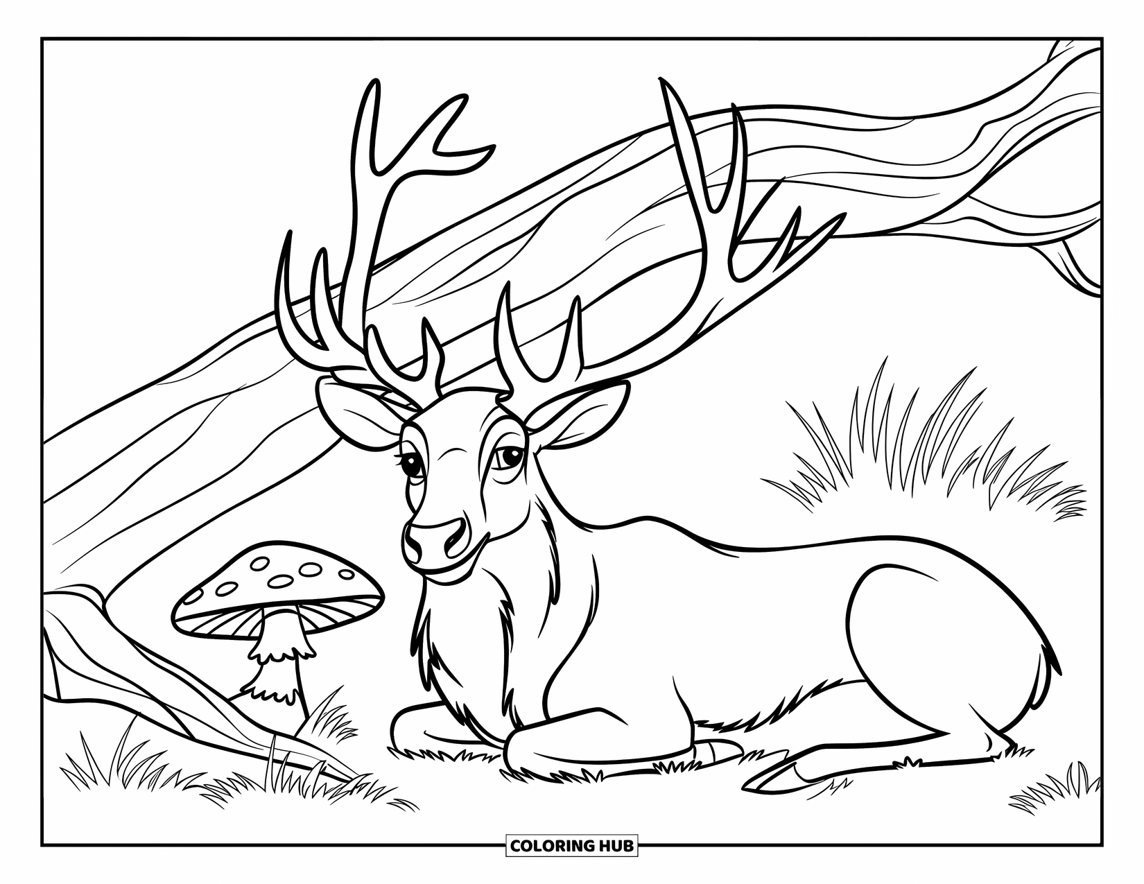 Elk Coloring Page for Kids: Elk beside a fallen tree with mushrooms, resting in a grassy forest scene