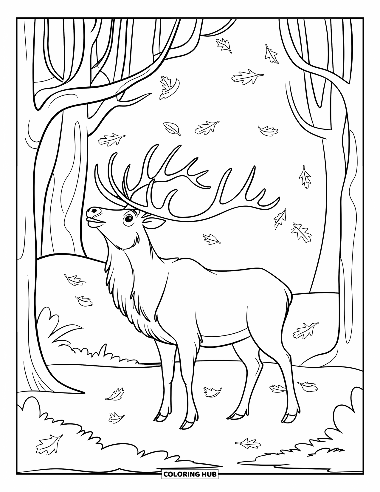 Elk Coloring Page for Kids: Elk looking skyward as leaves fall in a tall forest
