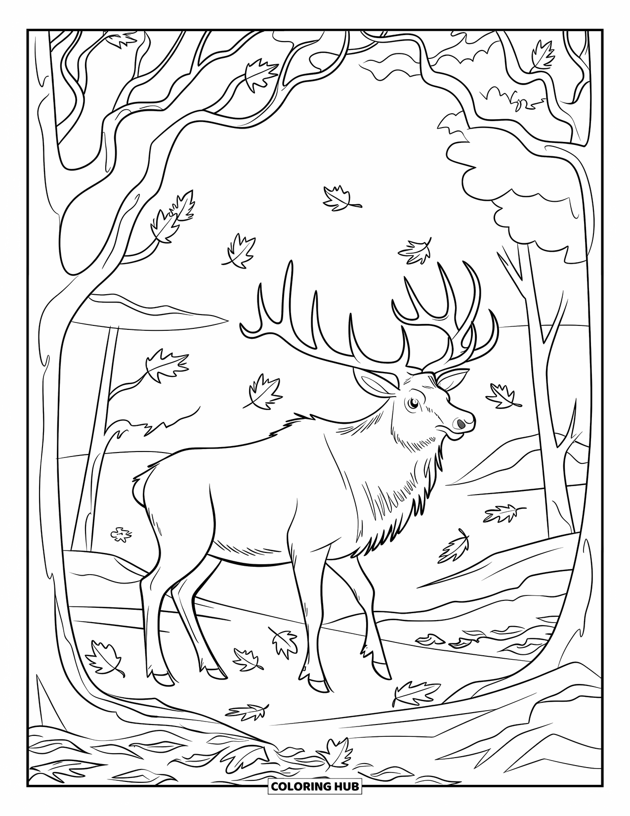 Elk Coloring Page for Kids: Elk on rocky ground under trees shedding their leaves
