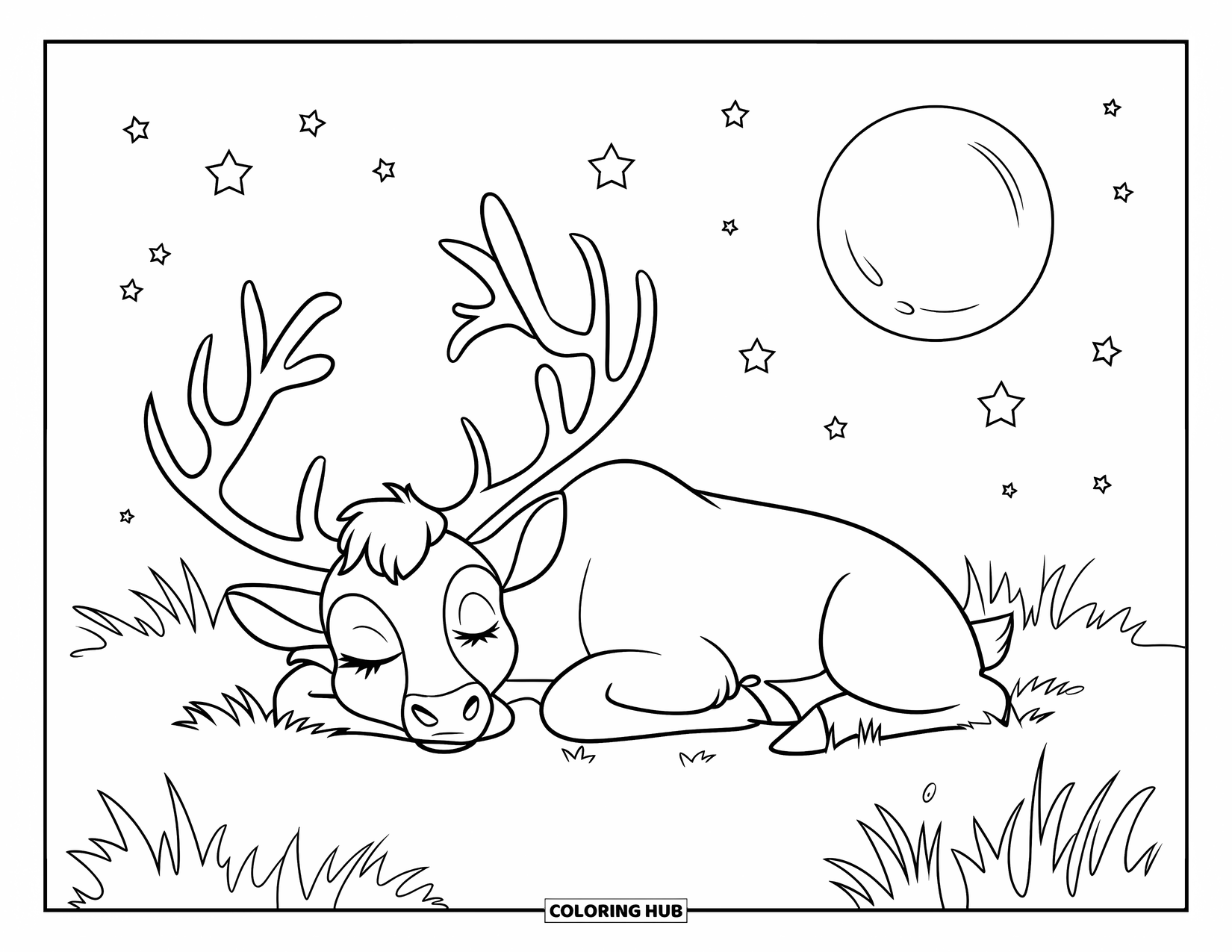 Elk Coloring Page for Kids: Elk sleeps under a starry sky with a big moon and soft grass