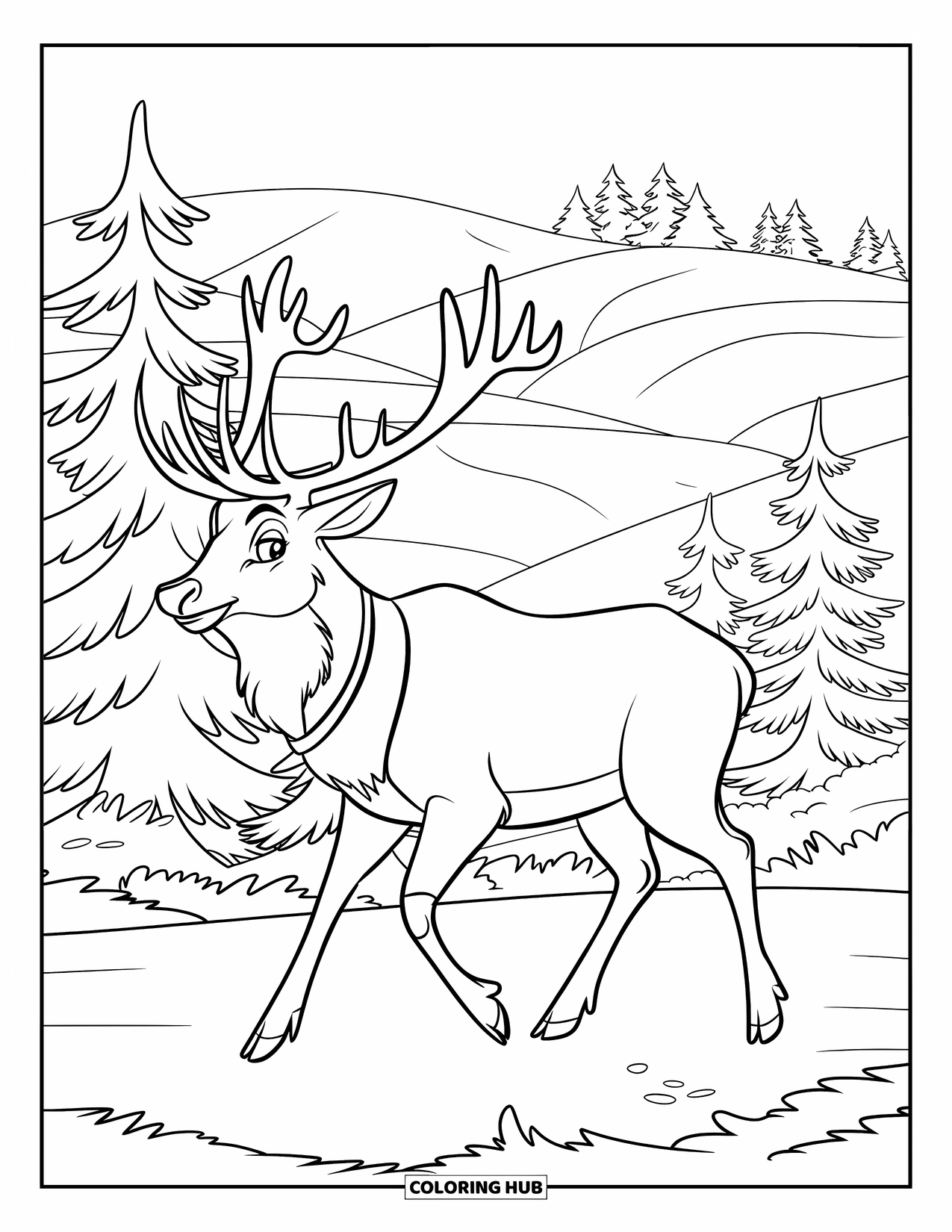 Elk Coloring Page for Kids: Elk walks peacefully through a pine forest with layered hills beyond