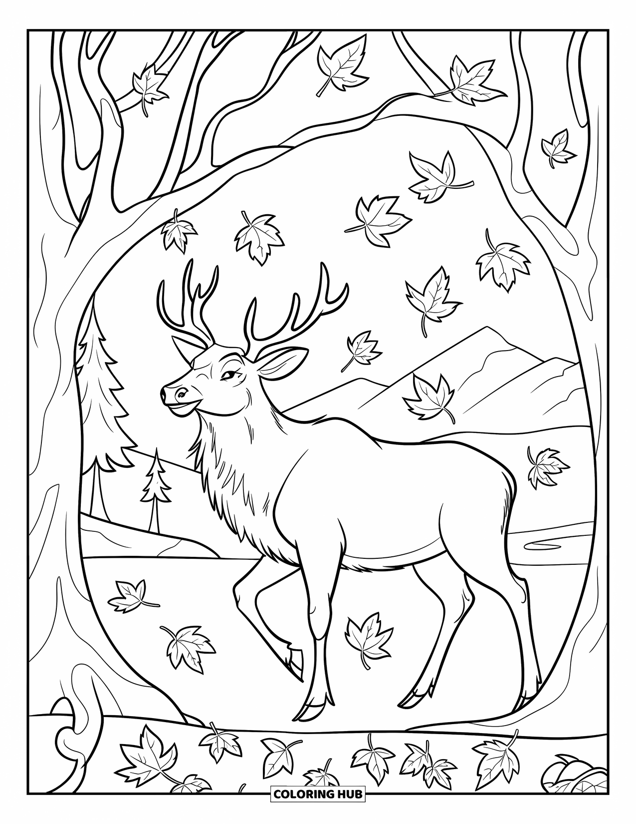 Elk Coloring Page for Kids: Elk with closed eyes beneath falling leaves and distant mountain trees