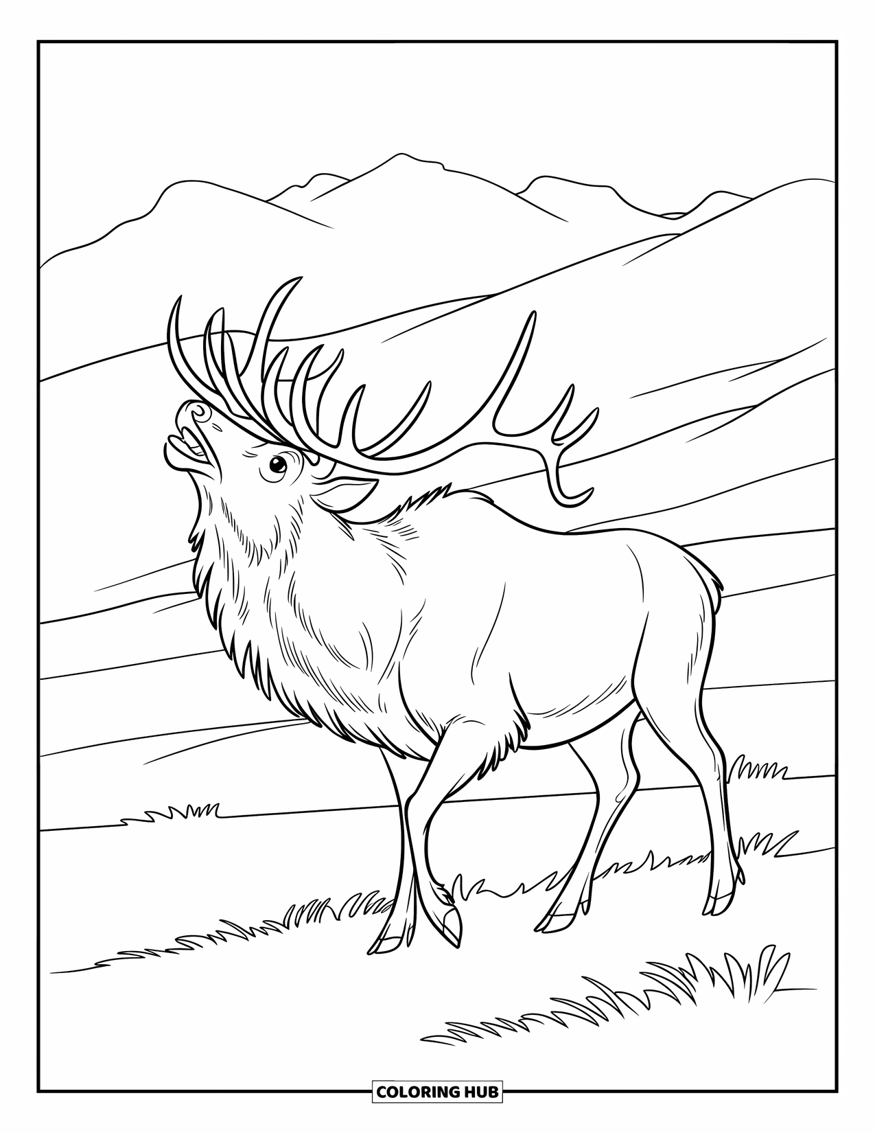 Elk Coloring Page for Kids: Elk with curved antlers calls out in front of distant mountains